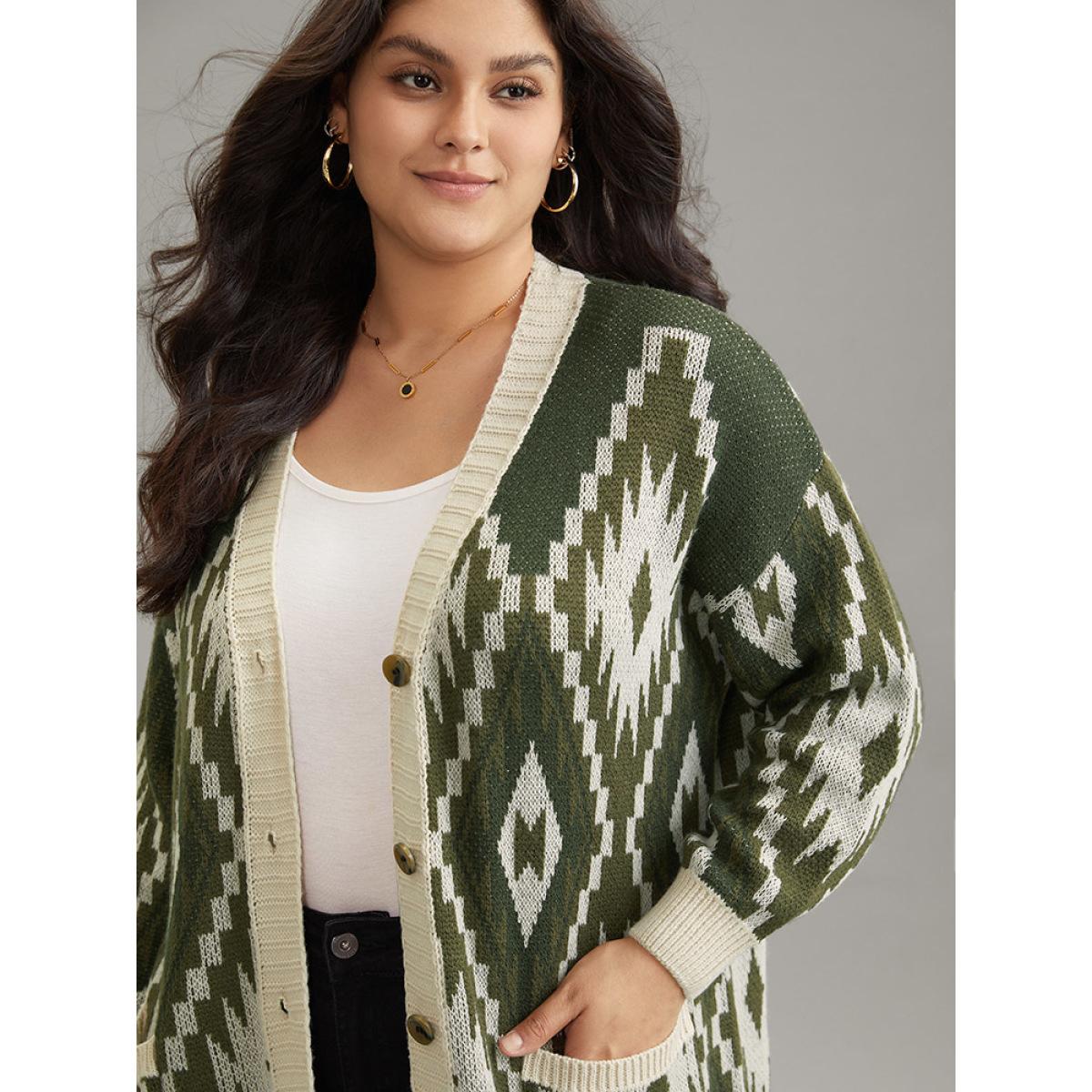 Plus Size Bandana Jacquard Button Through Patched Pocket Cardigan ArmyGreen Women Casual Loose Long Sleeve Dailywear Cardigans BloomChic 30/6X Product Image