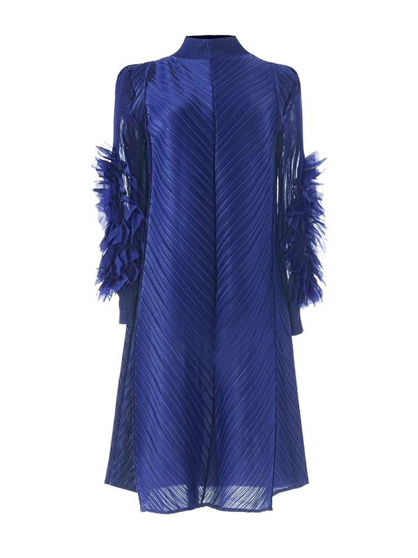 Long Sleeves Loose Embroidered Pleated Solid Color Round-Neck Midi Dresses Product Image