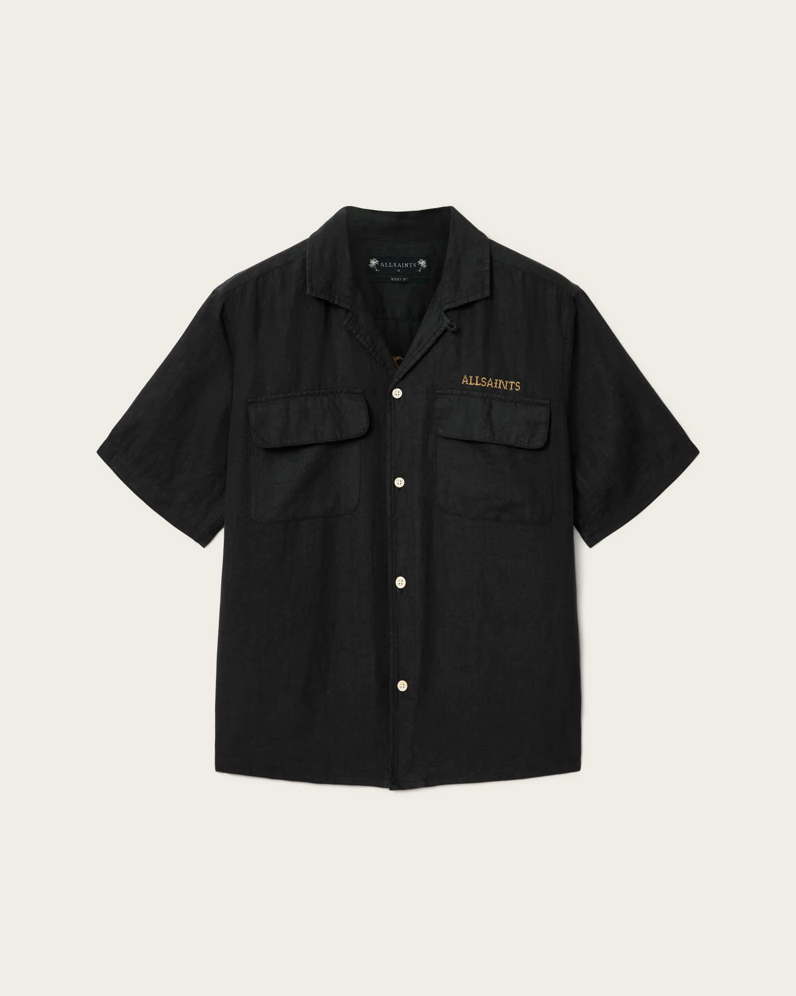 Dunloe Short Sleeve Boxy Linen Shirt Jet Black | ALLSAINTS US Product Image
