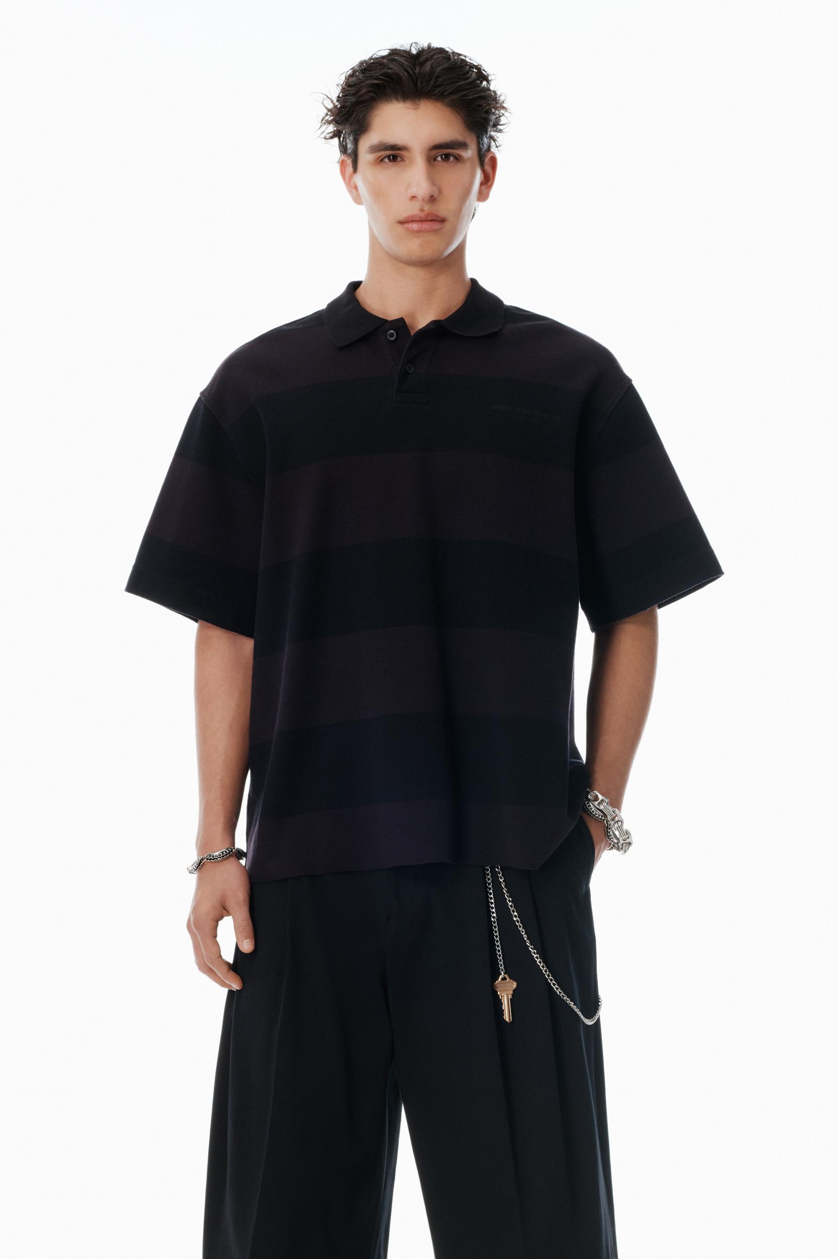 Black Striped Cotton Pique Polo  Product Image