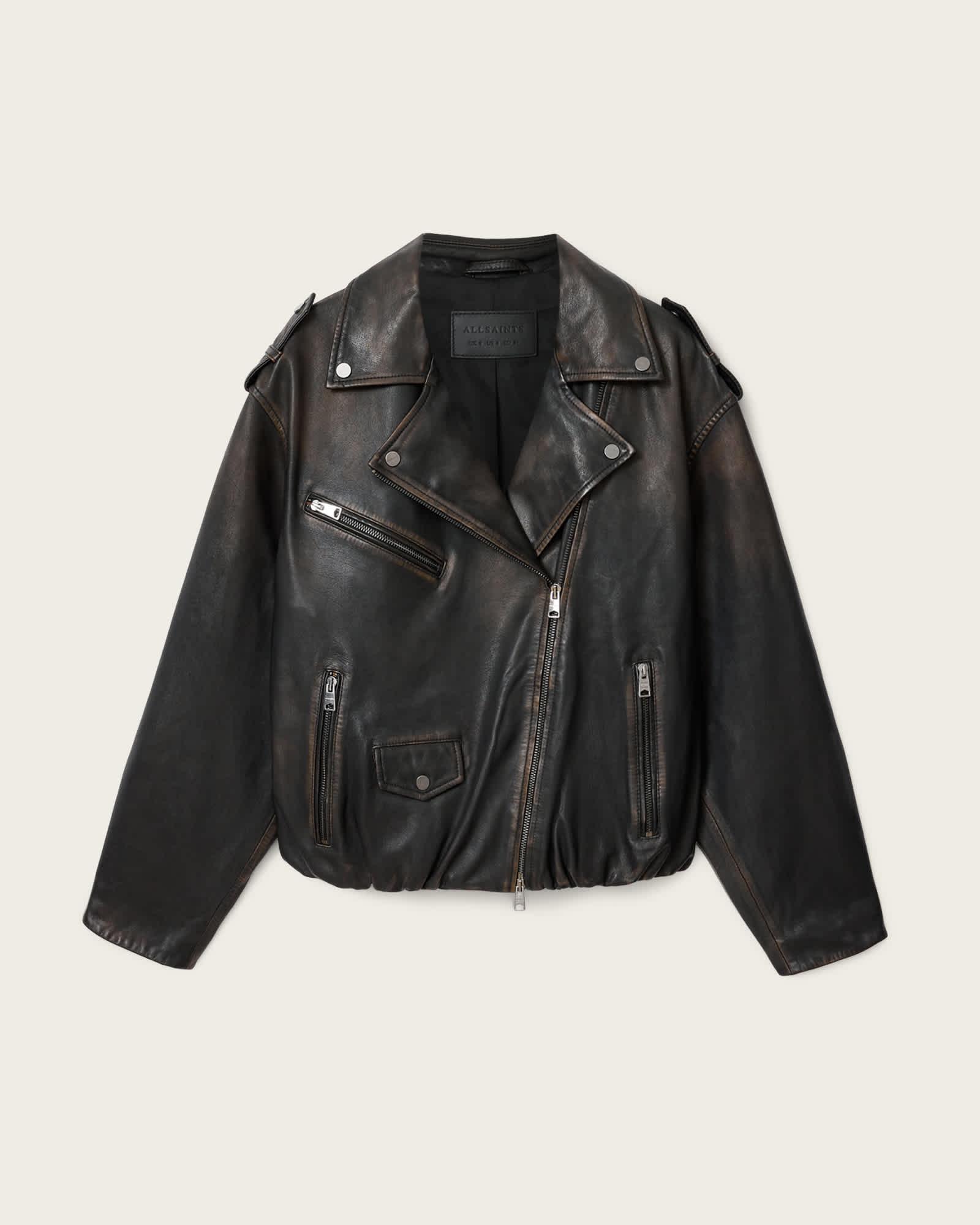 Samina Relaxed Fit Leather Biker Jacket Black/Brown | ALLSAINTS US Product Image