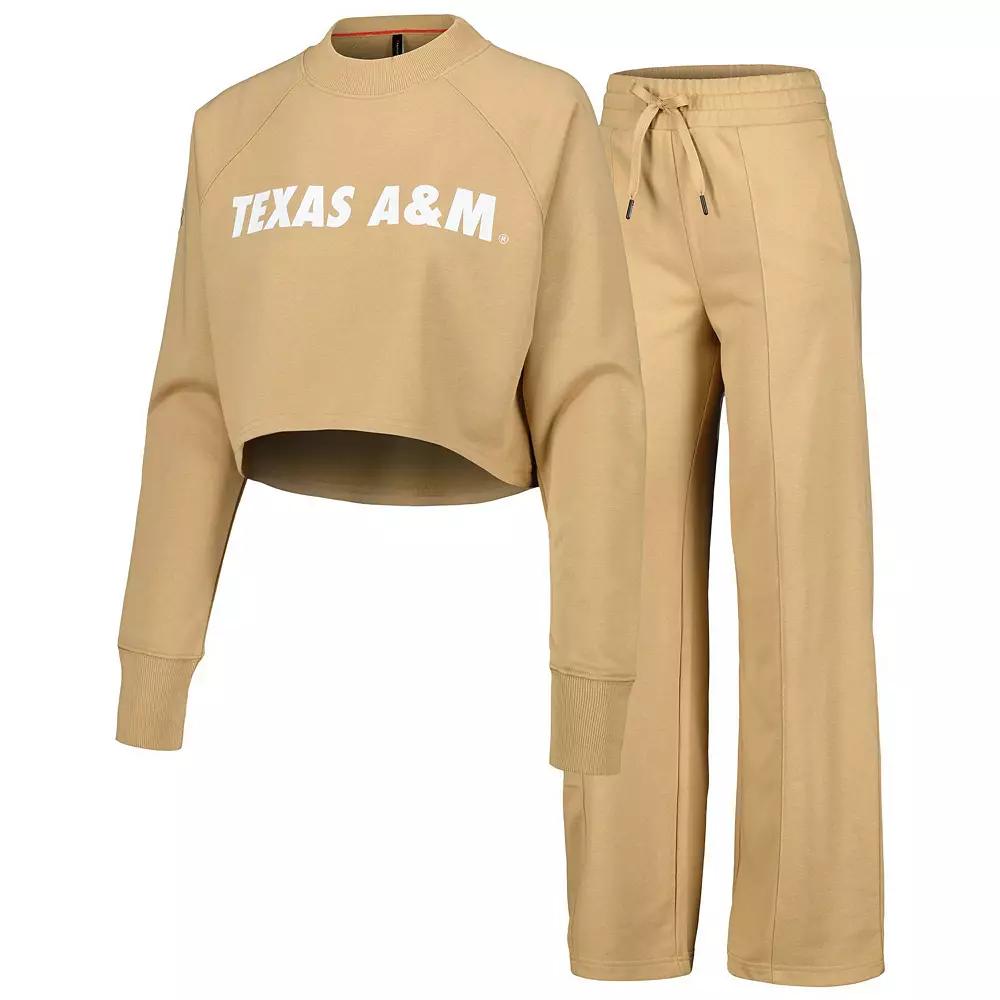 Women's Tan Texas A&M Aggies Raglan Cropped Sweatshirt & Sweatpants Set, Size: XL, Team Product Image
