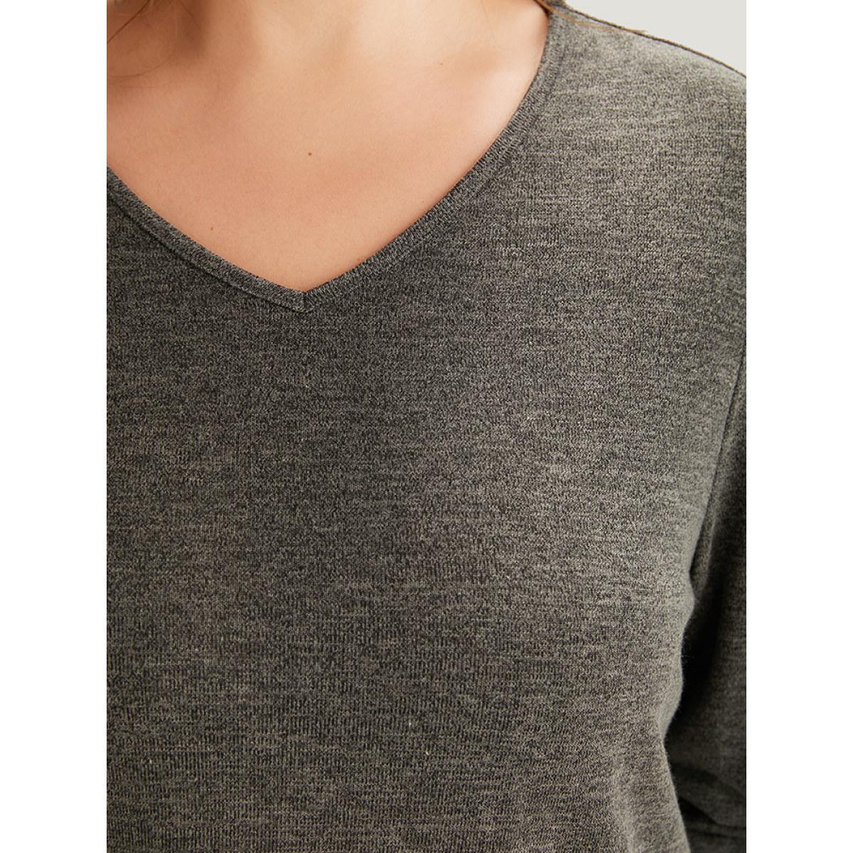 Plus Size Plain Heather Elastic Cuffs Button Detail T-shirt Gray Women Casual Elastic cuffs Plain V-neck Dailywear T-shirts BloomChic 12/L Product Image