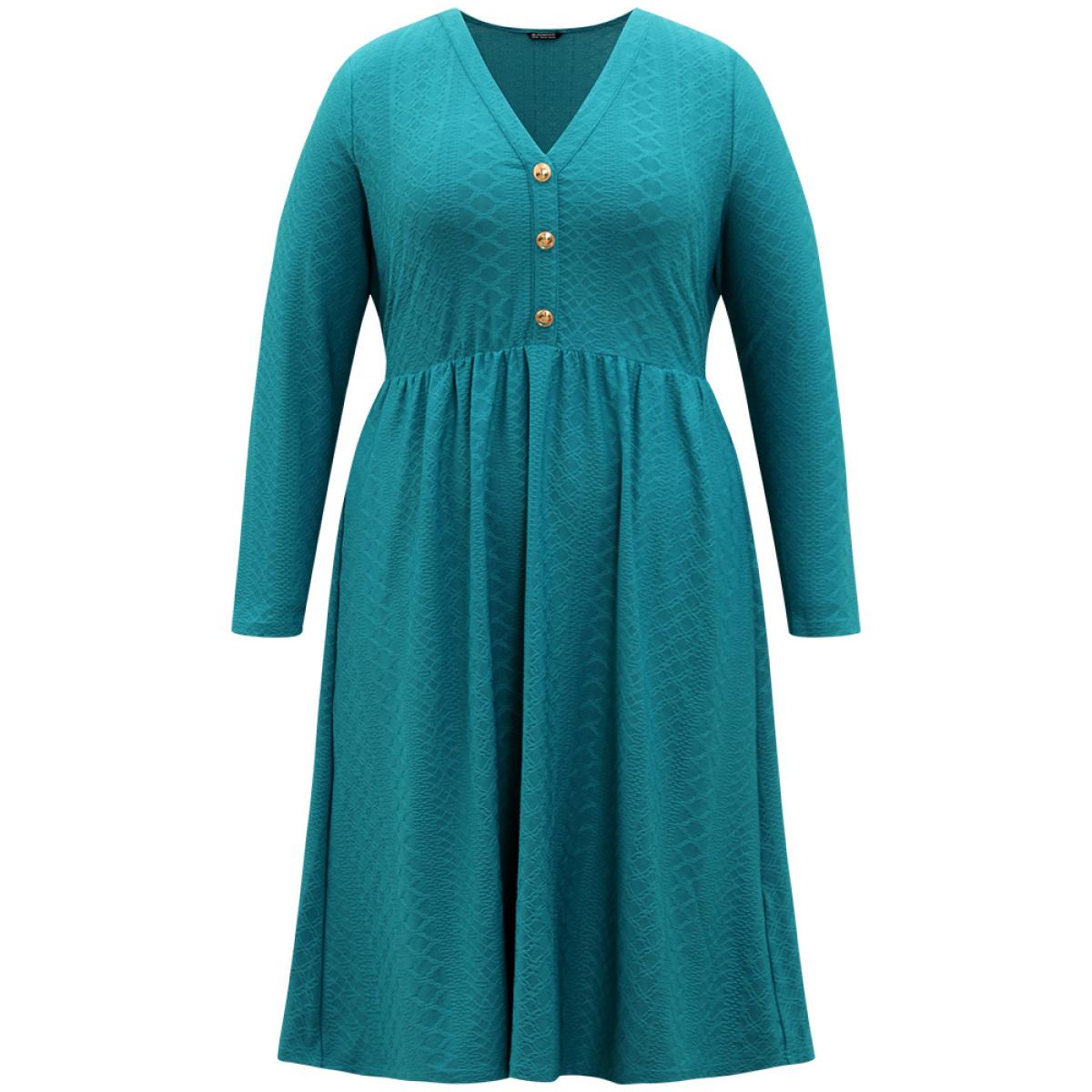 Plus Size Plain Textured Metal Detail V Neck Dress Cerulean Women Office Texture V-neck Long Sleeve Curvy Midi Dress BloomChic 18-20/2X Product Image