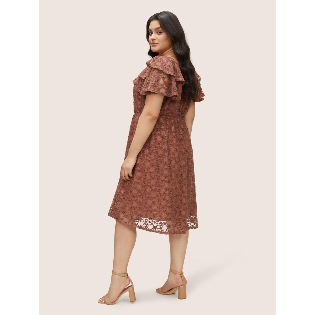 Plus Size Crochet Lace Mesh Tiered Ruffle Trim Dress Burgundy Women Elegant Texture V-neck Sleeveless Curvy Midi Dress BloomChic 14-16/1X Product Image