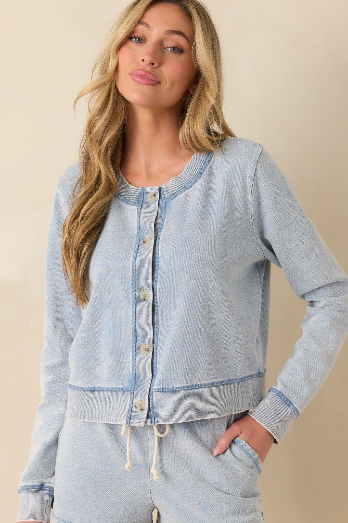 Z Supply Light Blue Cotton Daily Knit Denim Cardigan Product Image