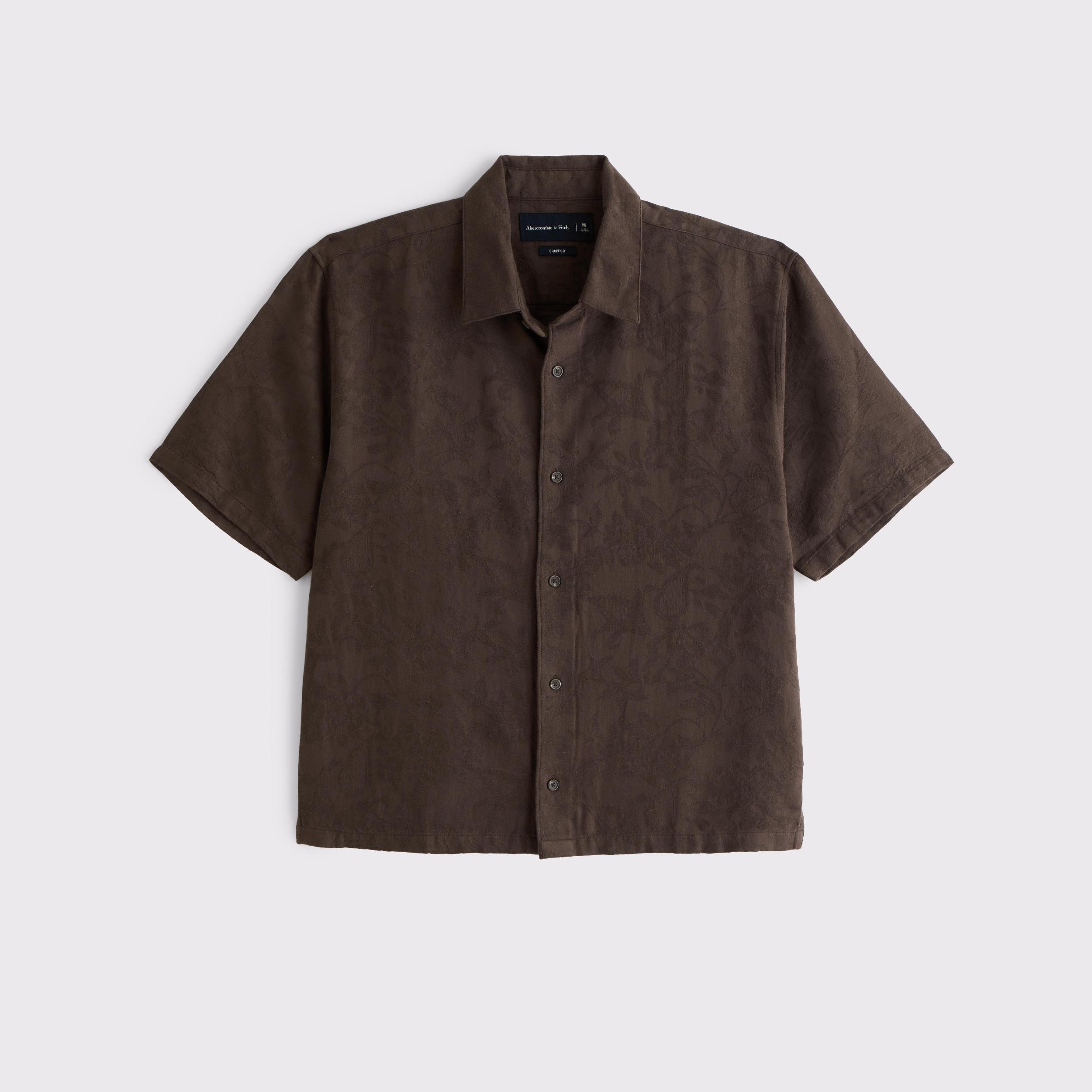 Short-Sleeve Cropped Jacquard Button-Up Shirt Product Image