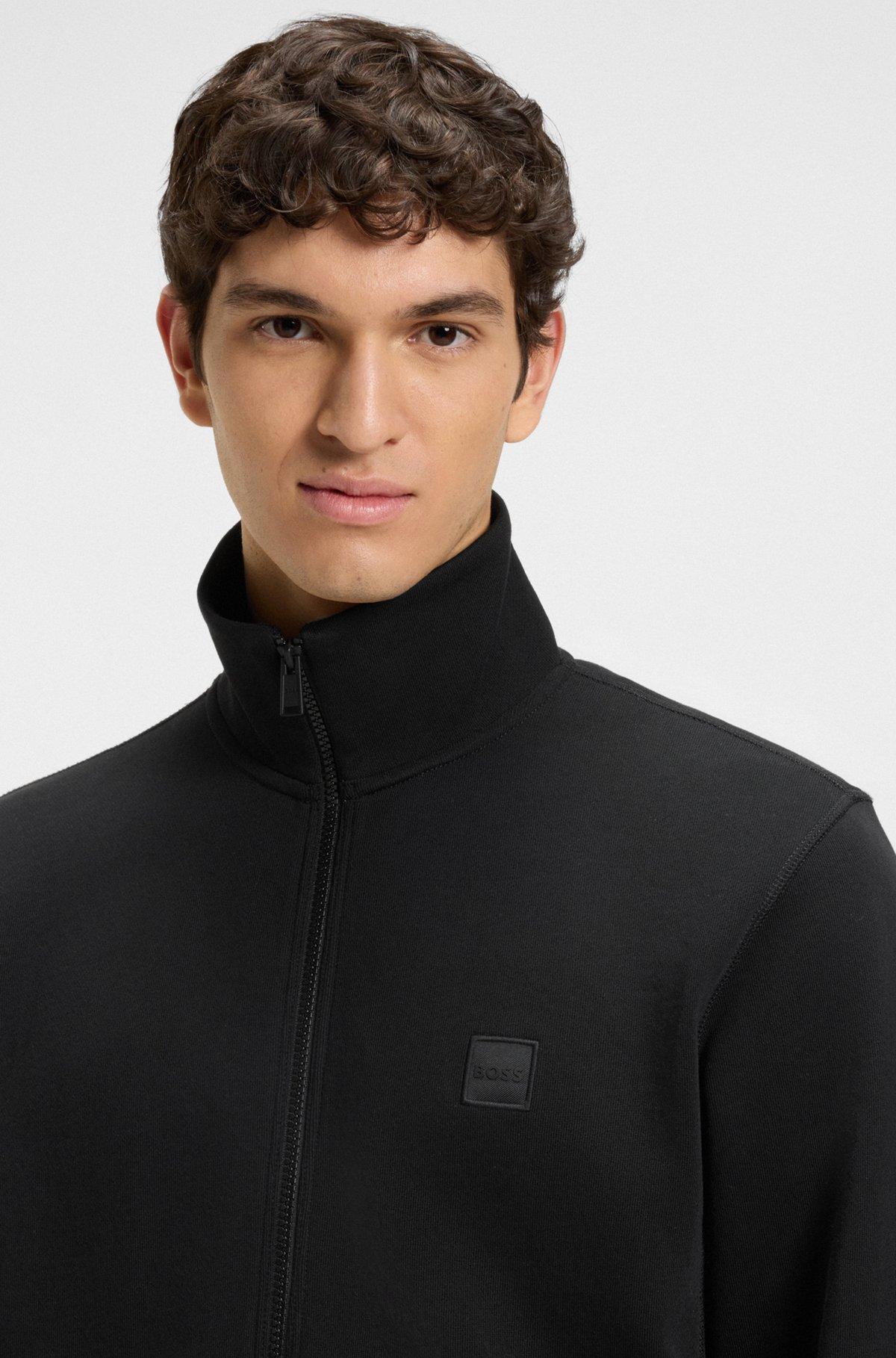 BOSS - Zip-up jacket in cotton terry with logo badge - Black Product Image