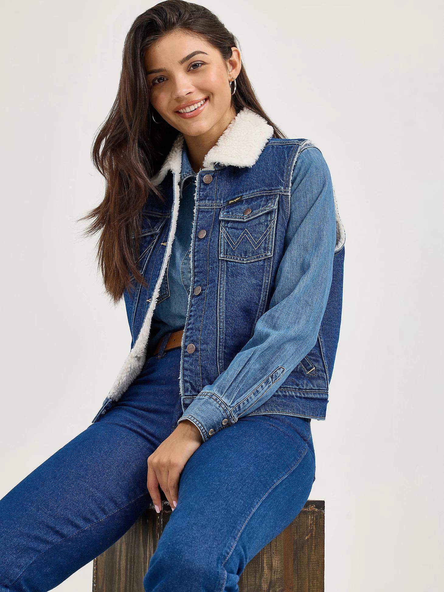 Women's Wrangler Sherpa Lined Denim Vest in Mid Product Image