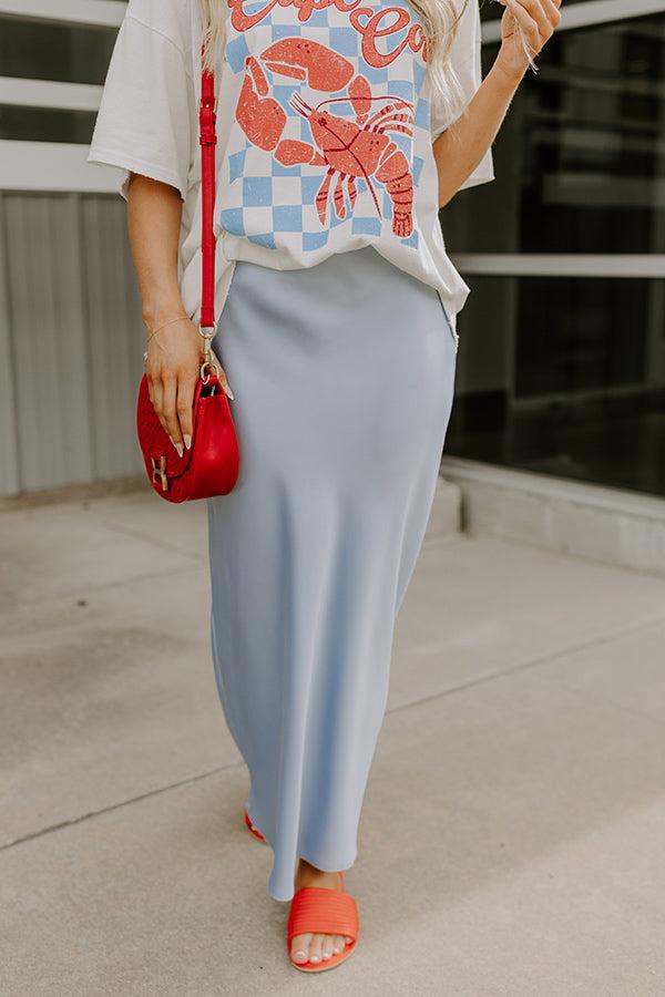 The Tiffany High Waist Satin Midi Skirt in Sky Blue Product Image