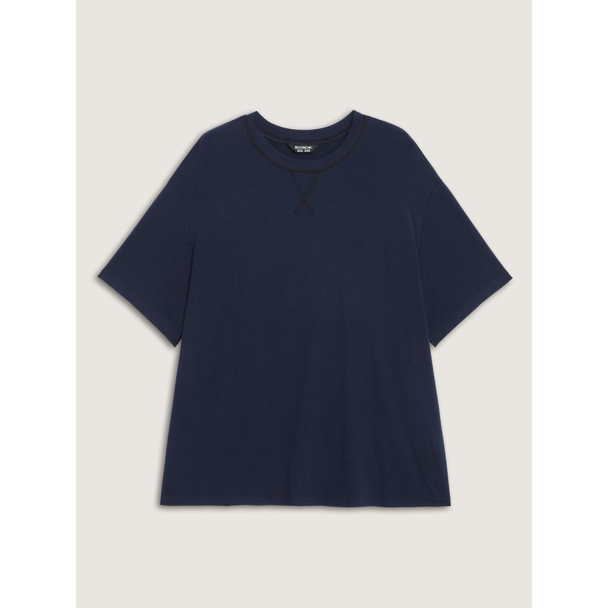 Plus Size Supersoft Sheer Butterfly Backless Embroidered T-Shirt Mediumblue Women Leisure Cut-Out Round Neck Casual T-shirts BloomChic 28/5X Product Image