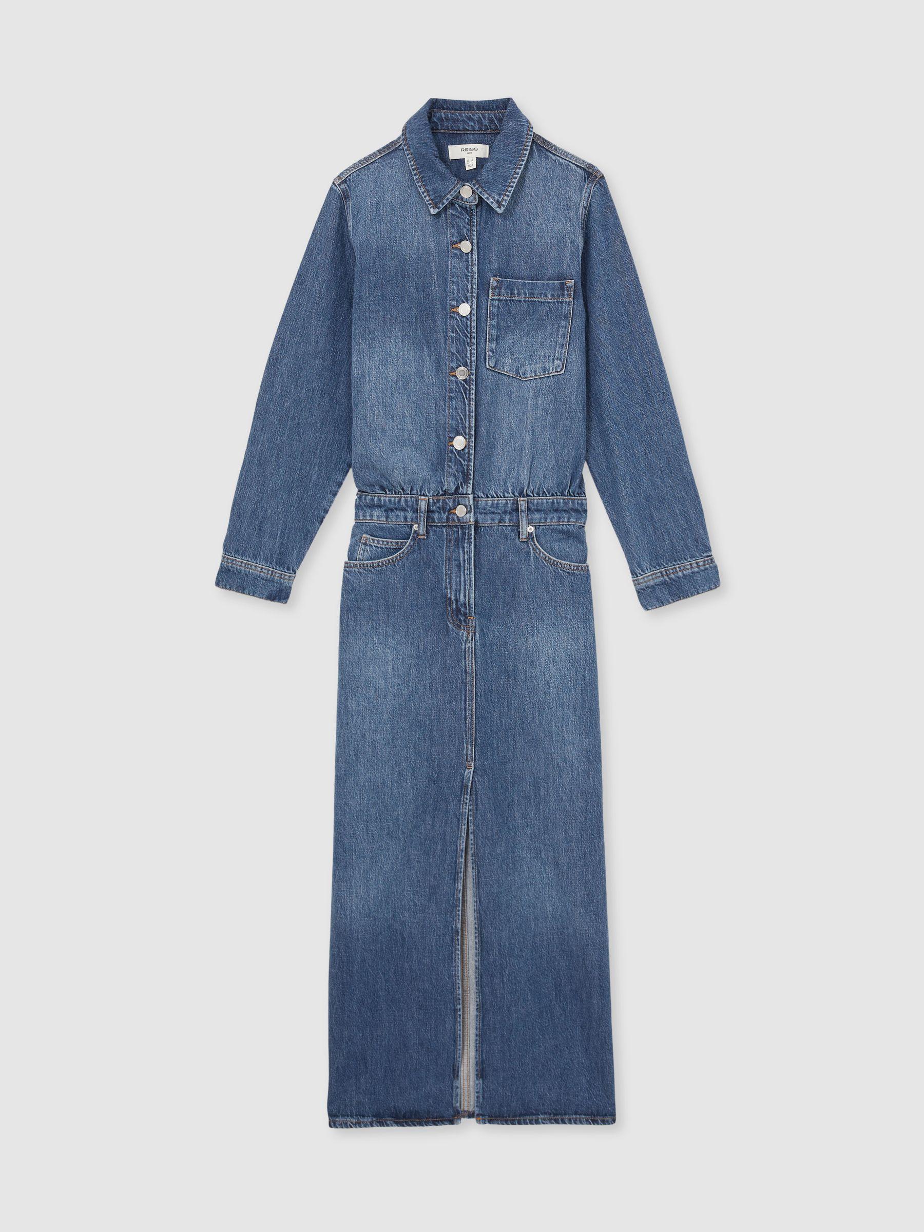 Denim Button-Through Midi Dress in Indigo Product Image
