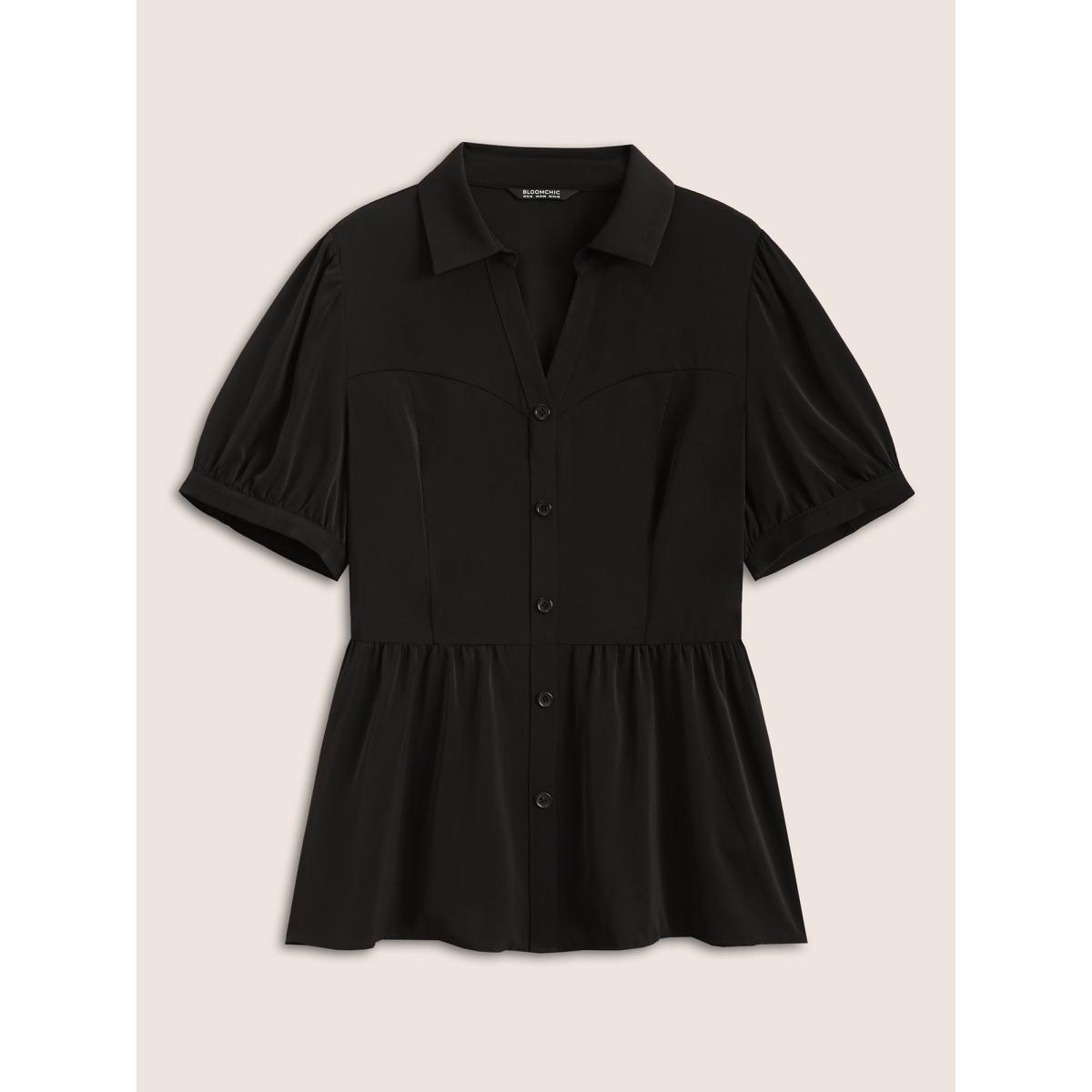 Plus Size Black Shirt Collar Solid Button Detail Gathered Blouse Women At the Office Short sleeve Shirt collar Work Blouses BloomChic 14-16/1X Product Image