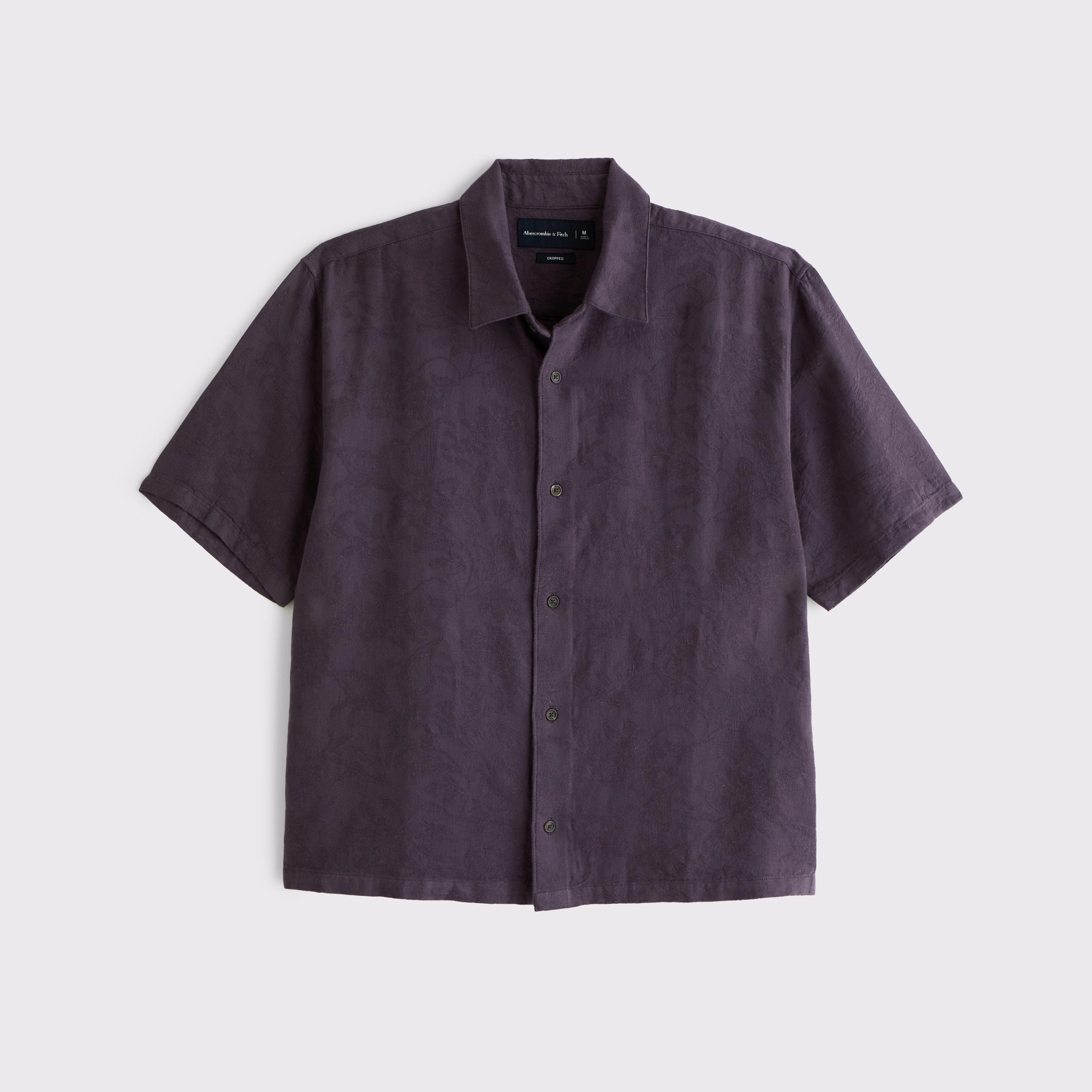 Short-Sleeve Cropped Jacquard Button-Up Shirt Product Image