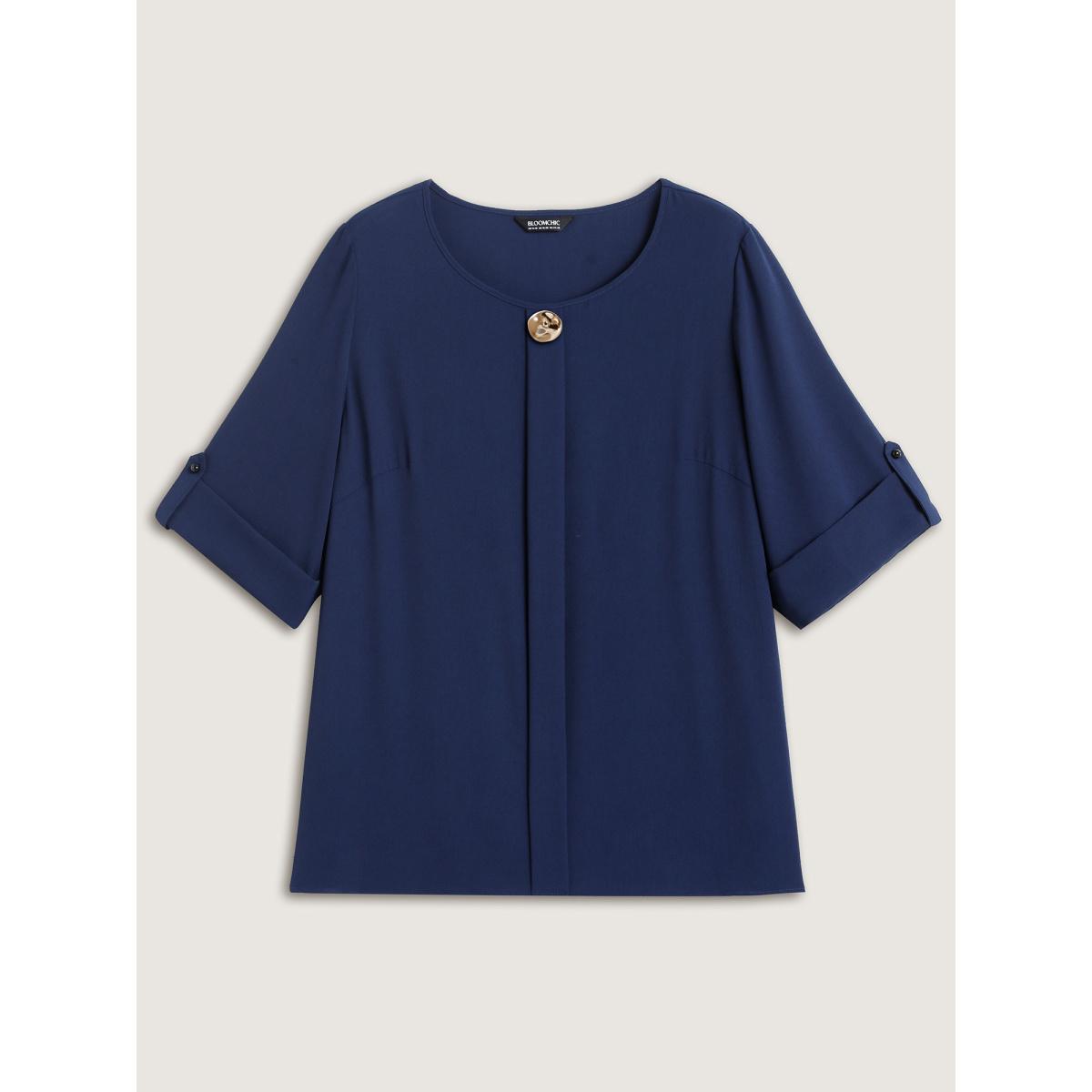 Plus Size DarkBlue Metal Button Pleated Front Blouse Women Elbow-length sleeve Round Neck Work Blouses BloomChic 22-24/3X Product Image