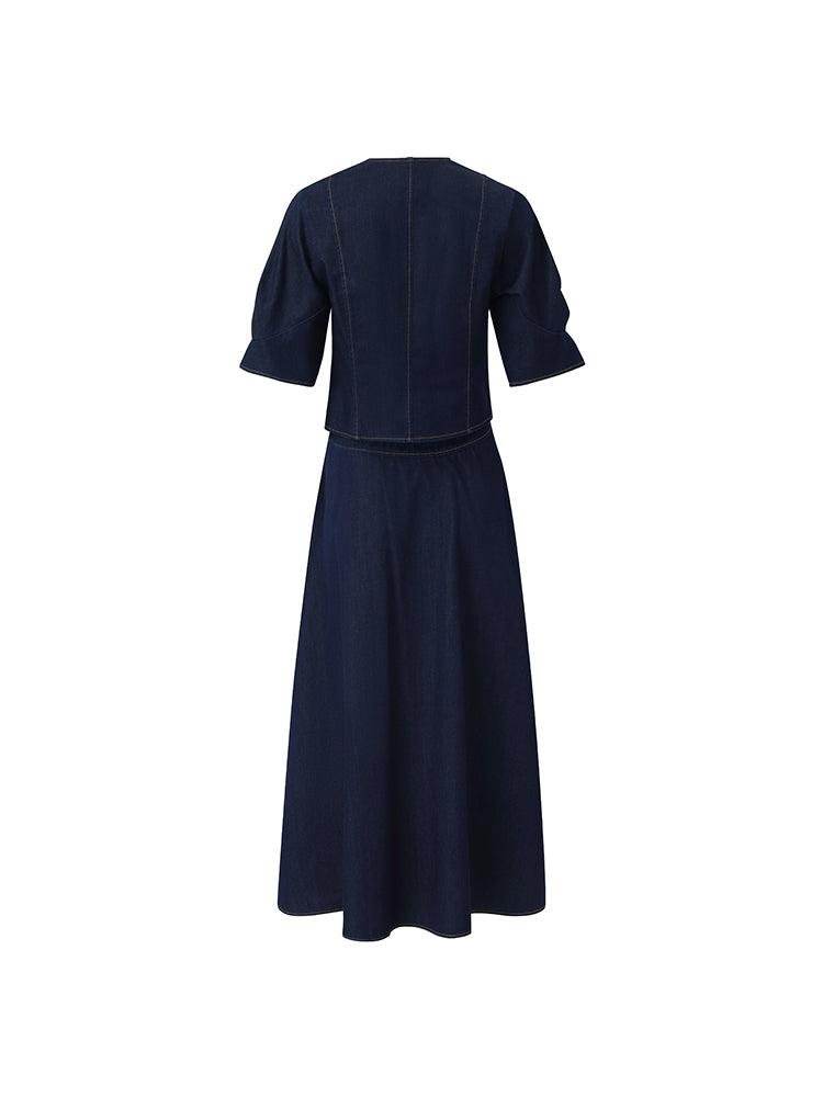 Denim V-Neck Top And Half Skirt Two-Piece Set Product Image