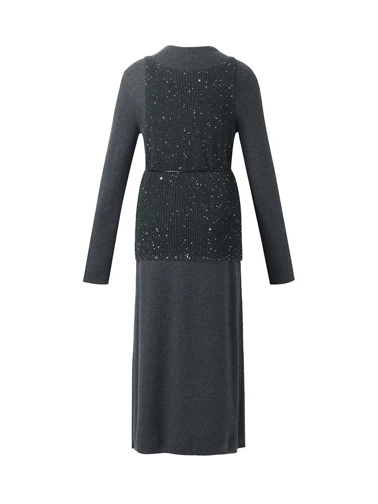Sequins Vest And Mock Neck Midi Dress Two-Piece Set With Belt Product Image