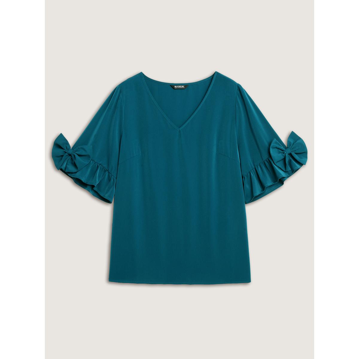 Plus Size Aegean Ruffled 3D Bow Detail Solid Blouse Women Half Sleeve V-neck Everyday-Casual Blouses BloomChic 14-16/1X Product Image