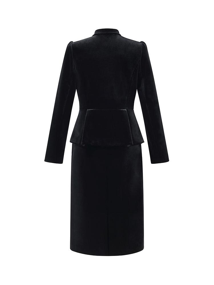 Velvet Mandarin Collar Ruffle Hem Jacket And Back Slit Skirt Two-Piece Product Image