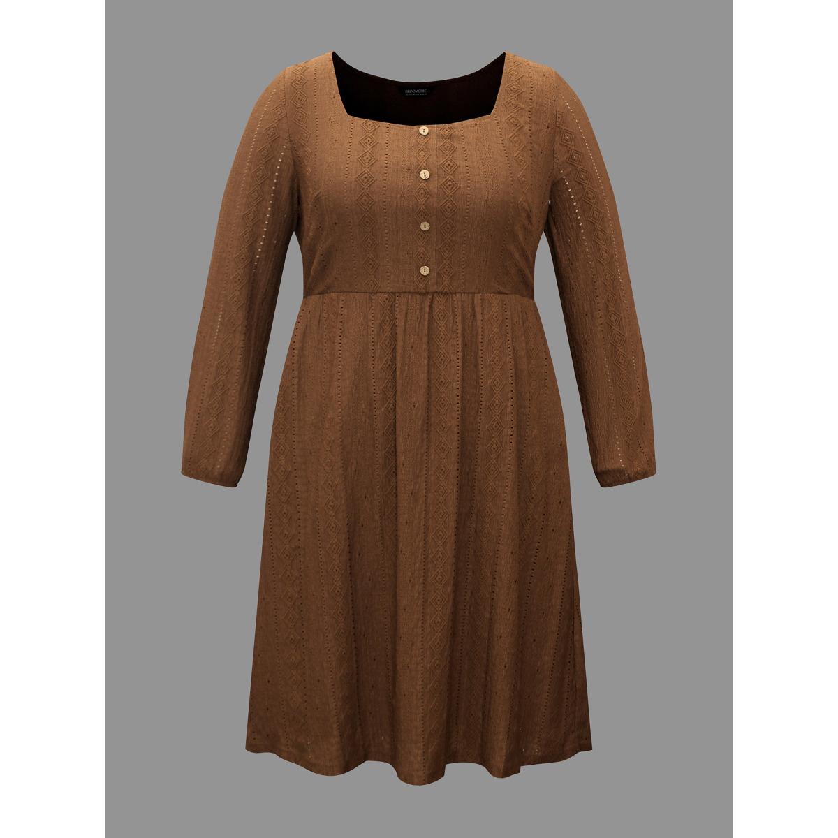Plus Size Textured Button Detail Square Neck Knit Dress Browncoffeecolor Women Elegant Texture Knit Dresses Bloomchic 30/6X Product Image