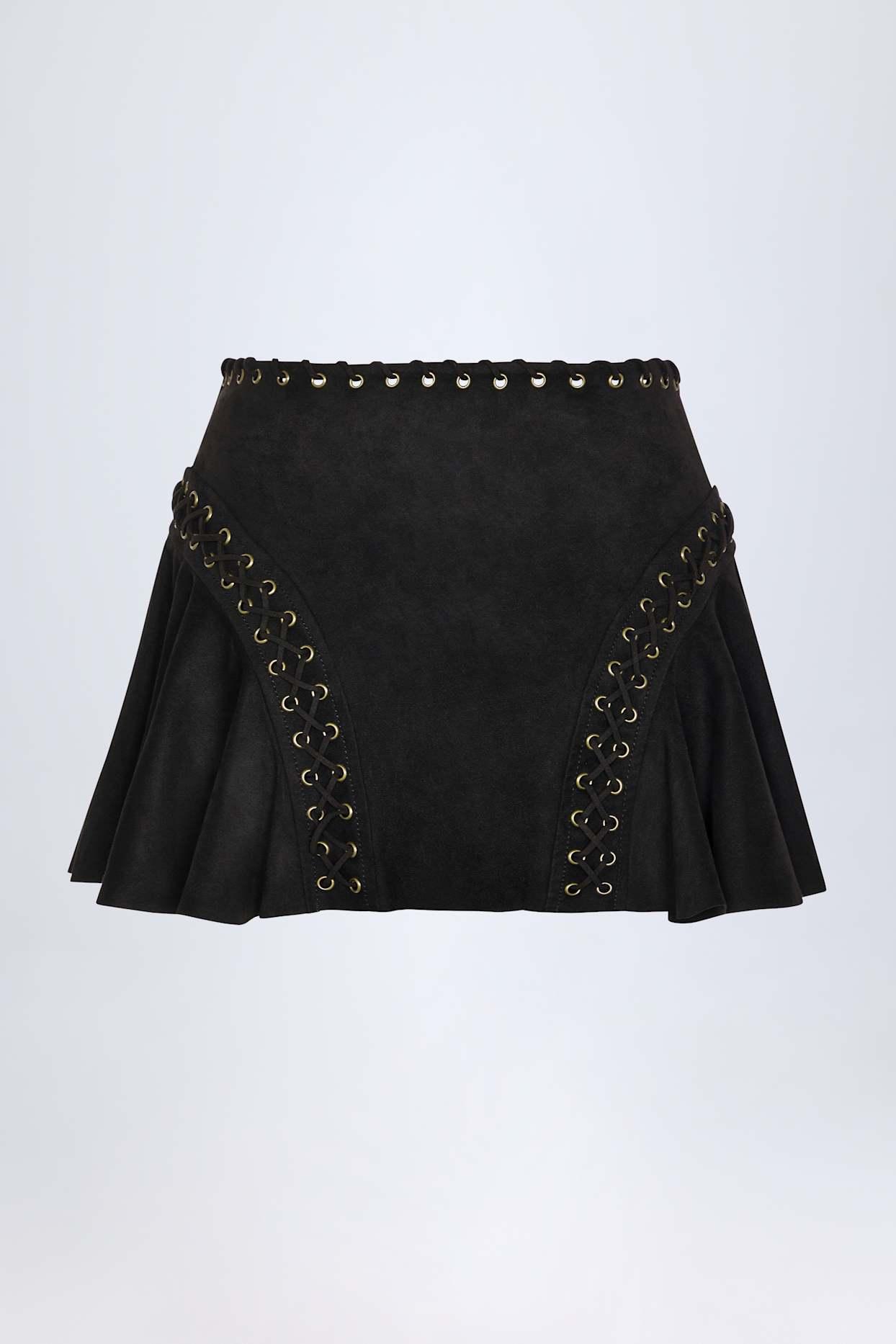 Lace-Up Mid-Rise Mini Skirt in Black Product Image