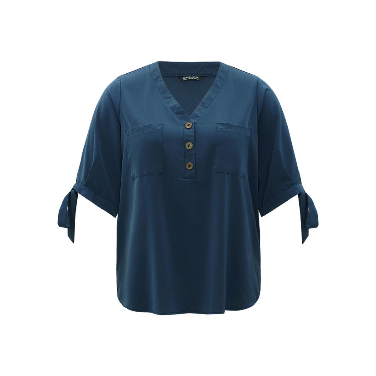 Plus Size Indigo Anti-Wrinkle Plain Button Up Knot V Neck Pocket Blouse Women Office Half Sleeve V-neck Dailywear Blouses BloomChic 30/6X Product Image