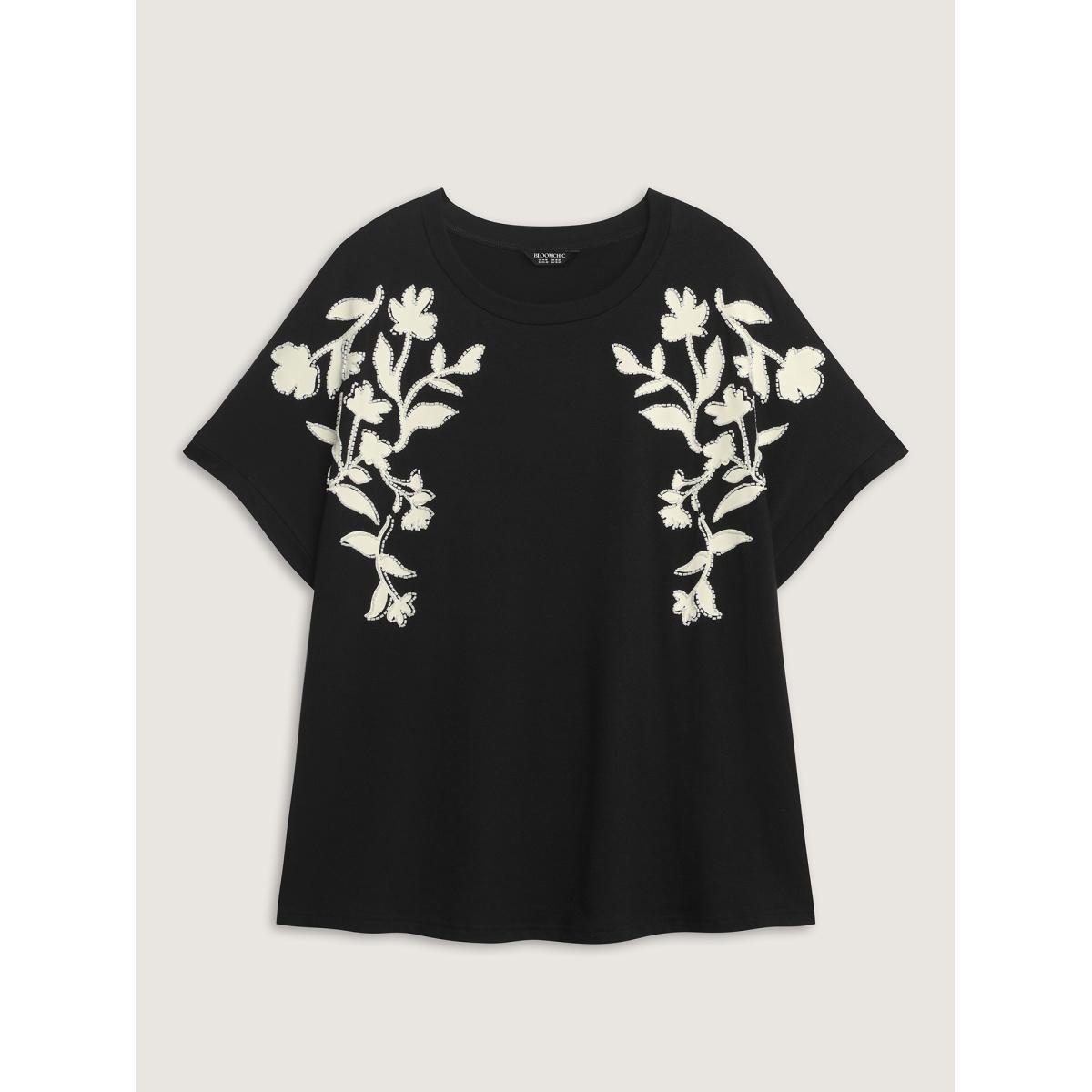 Plus Size Supersoft Floral Embroidered Round Neck T-Shirt Black Women Timeless Round Neck Elegant T-shirts BloomChic 28/5X Product Image