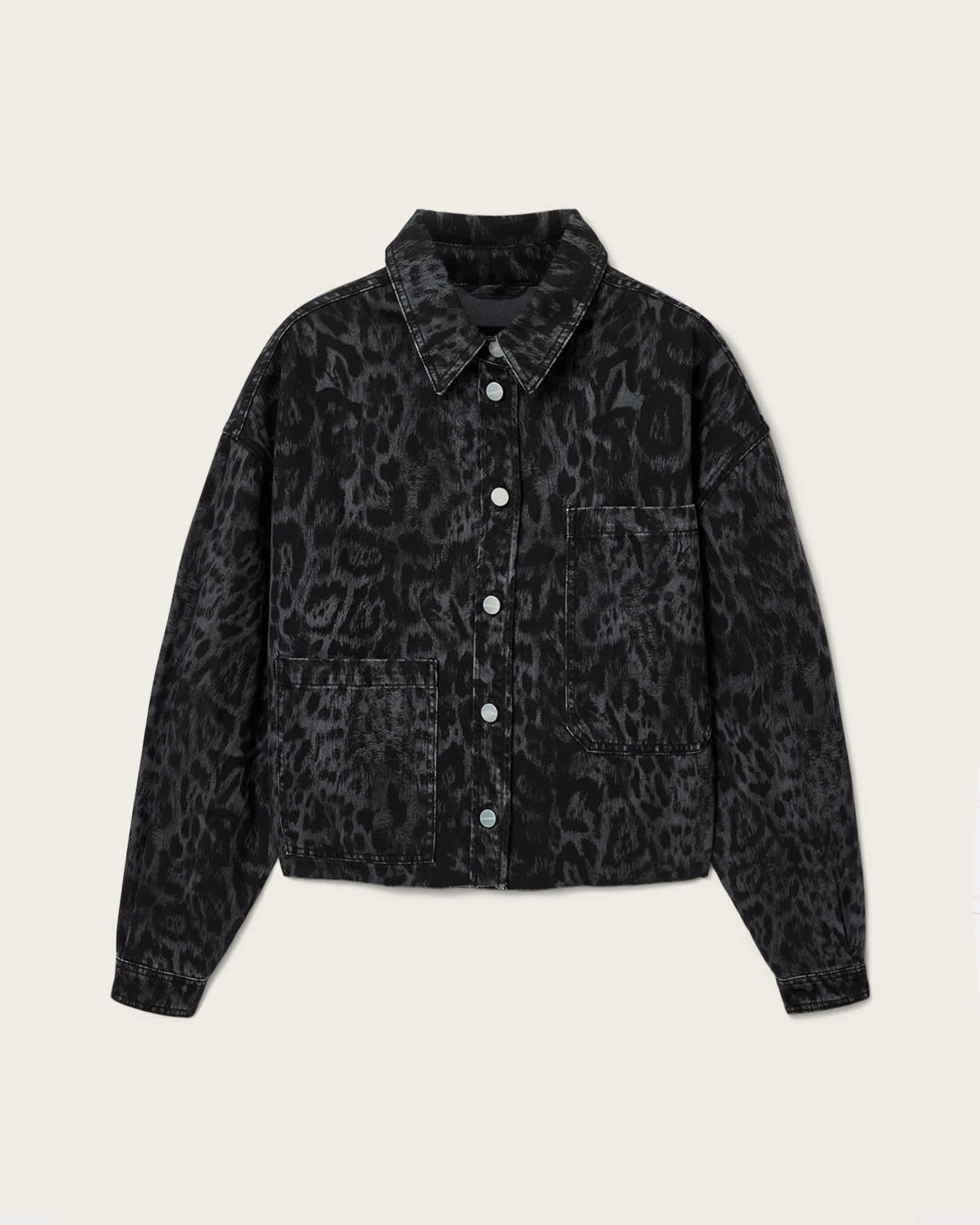 Nicky Denim Leopard Print Shacket LEPPO BLACK | ALLSAINTS US Product Image