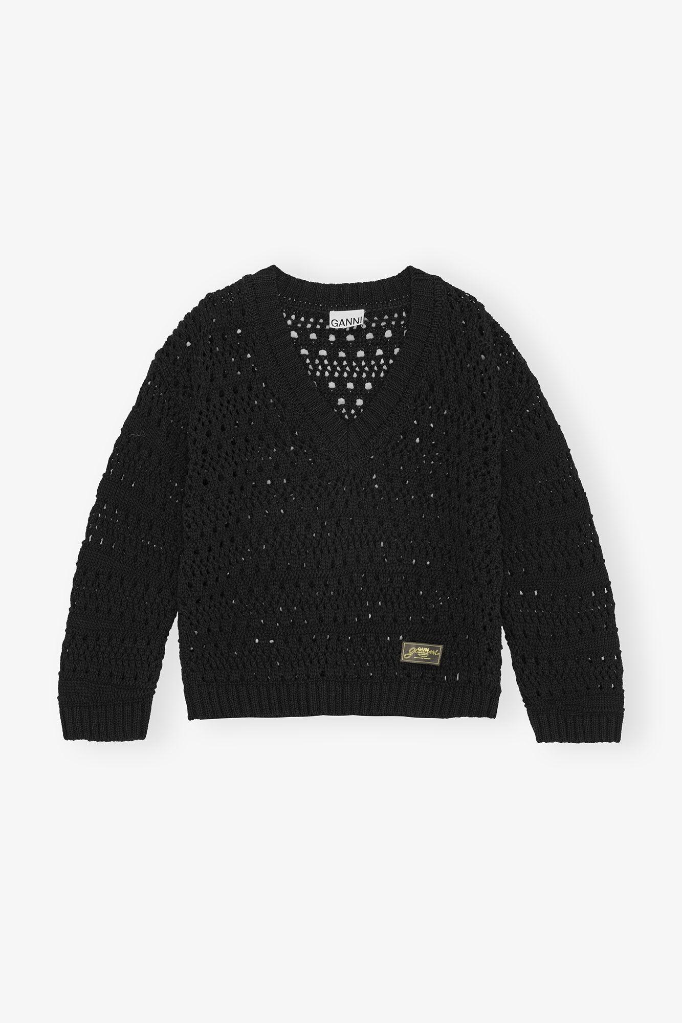 Black Crochet V-neck Sweater Product Image
