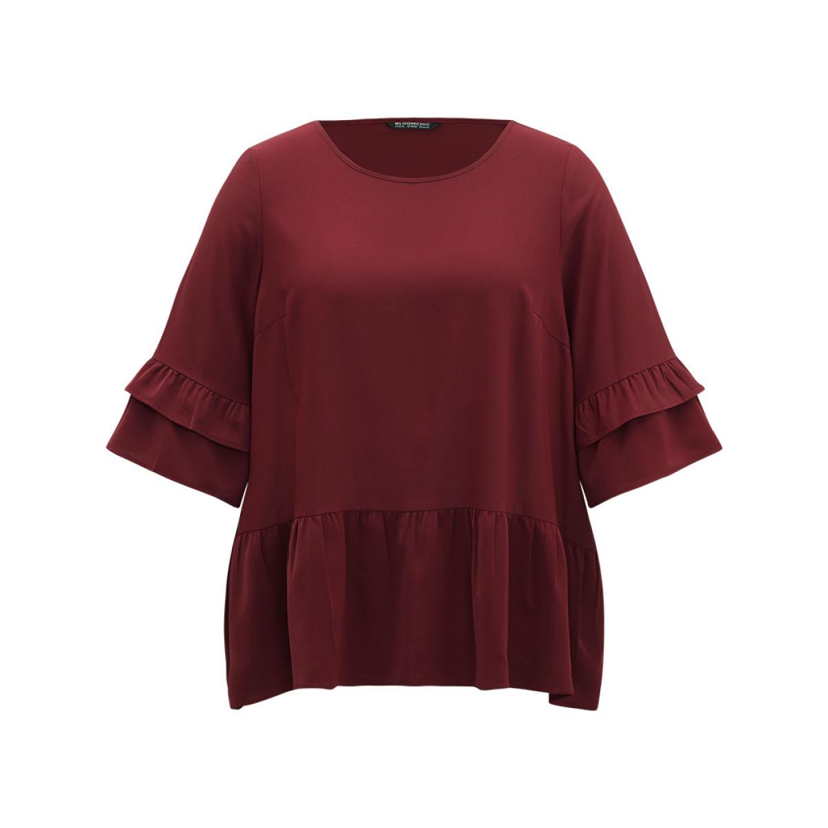 Plus Size Cyan Anti-Wrinkle Plain Ruffle Layered Sleeve Crew Neck Blouse Women Office Half Sleeve Round Neck Work Blouses BloomChic 14-16/1X Product Image