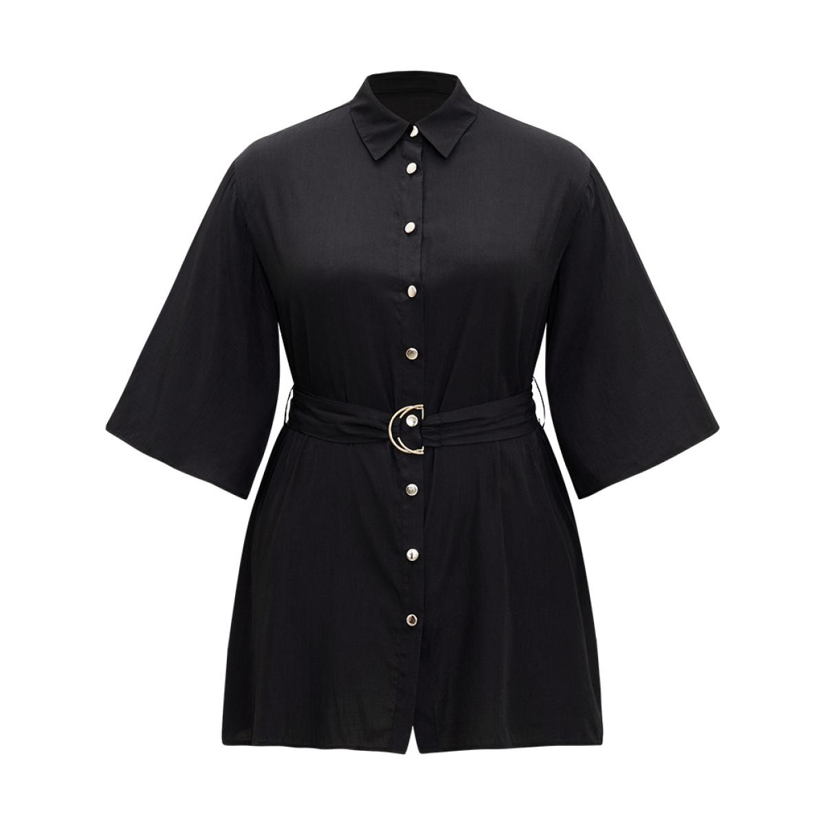 Plus Size Halloween Plain Button Up Shirt Collar Buckle Detail Coat Women Black Plain Belt Dailywear Jackets BloomChic 30/6X Product Image