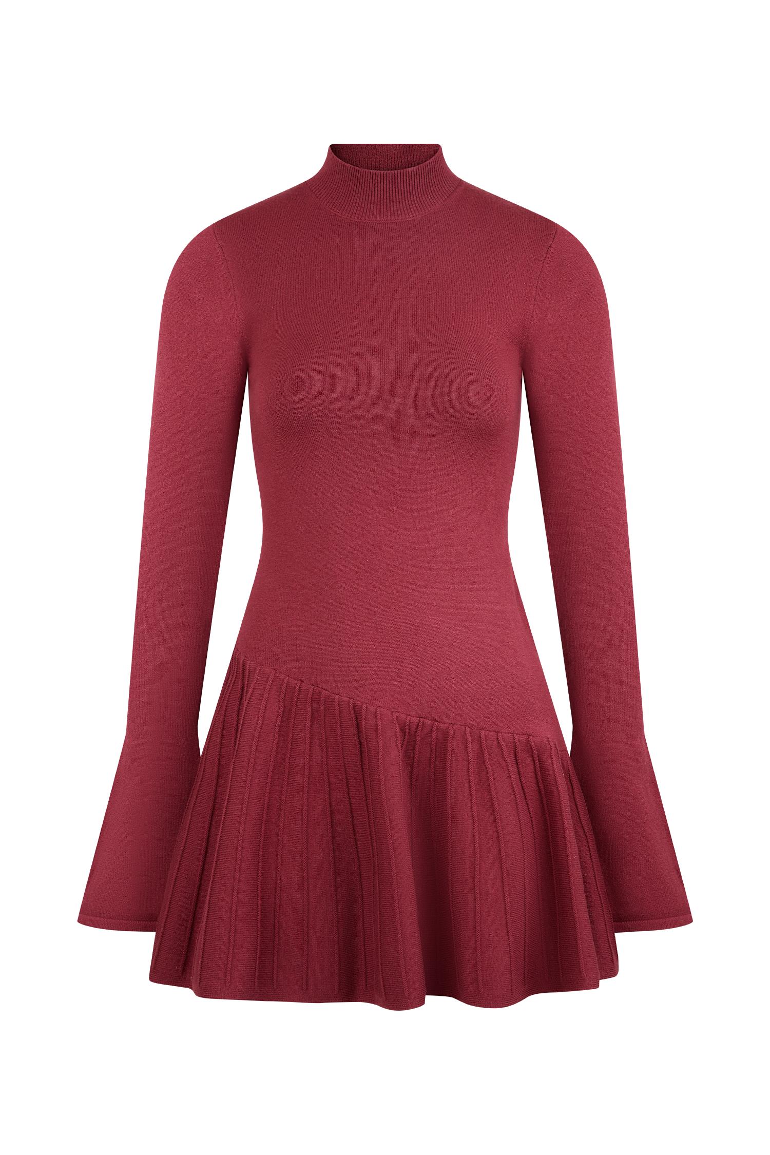 Blair Knit Mini Dress With Pleats - Merlot Product Image