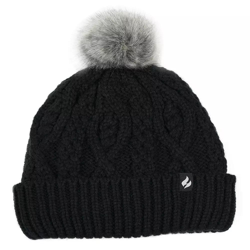 Women's Heat Holders Heatweaver Lined Cable Knit Pom Hat, Black Product Image