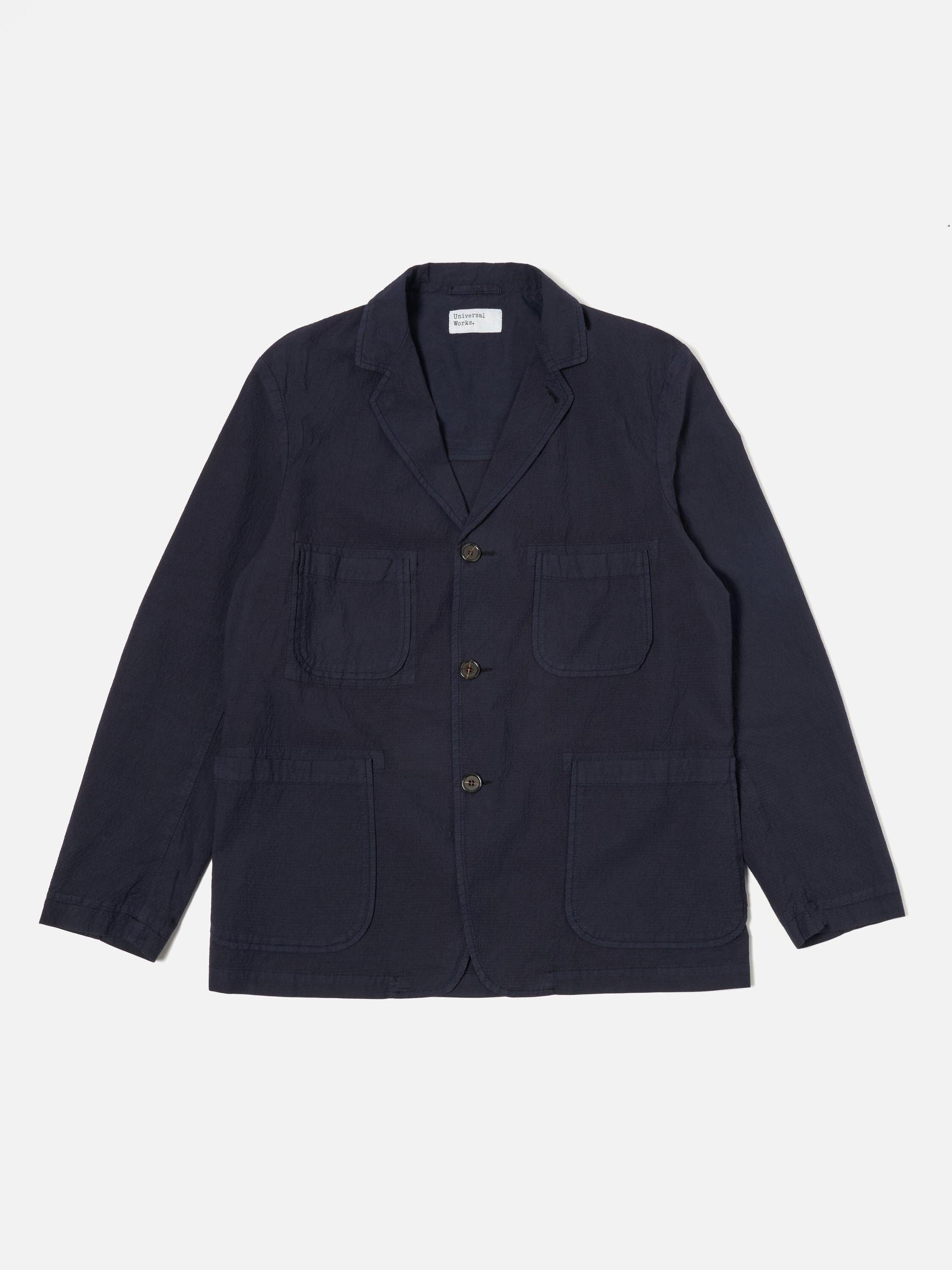 Universal Works Five Pocket Jacket in Navy Seersucker II Product Image