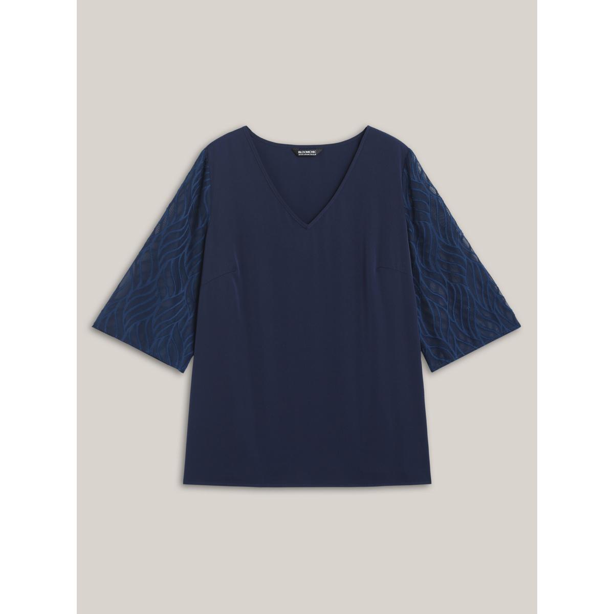 Plus Size Indigo Sheer Mesh Sleeve Spliced V-Neck Blouse Women Elegant Elbow-length sleeve V-neck Everyday Blouses BloomChic 22-24/3X Product Image