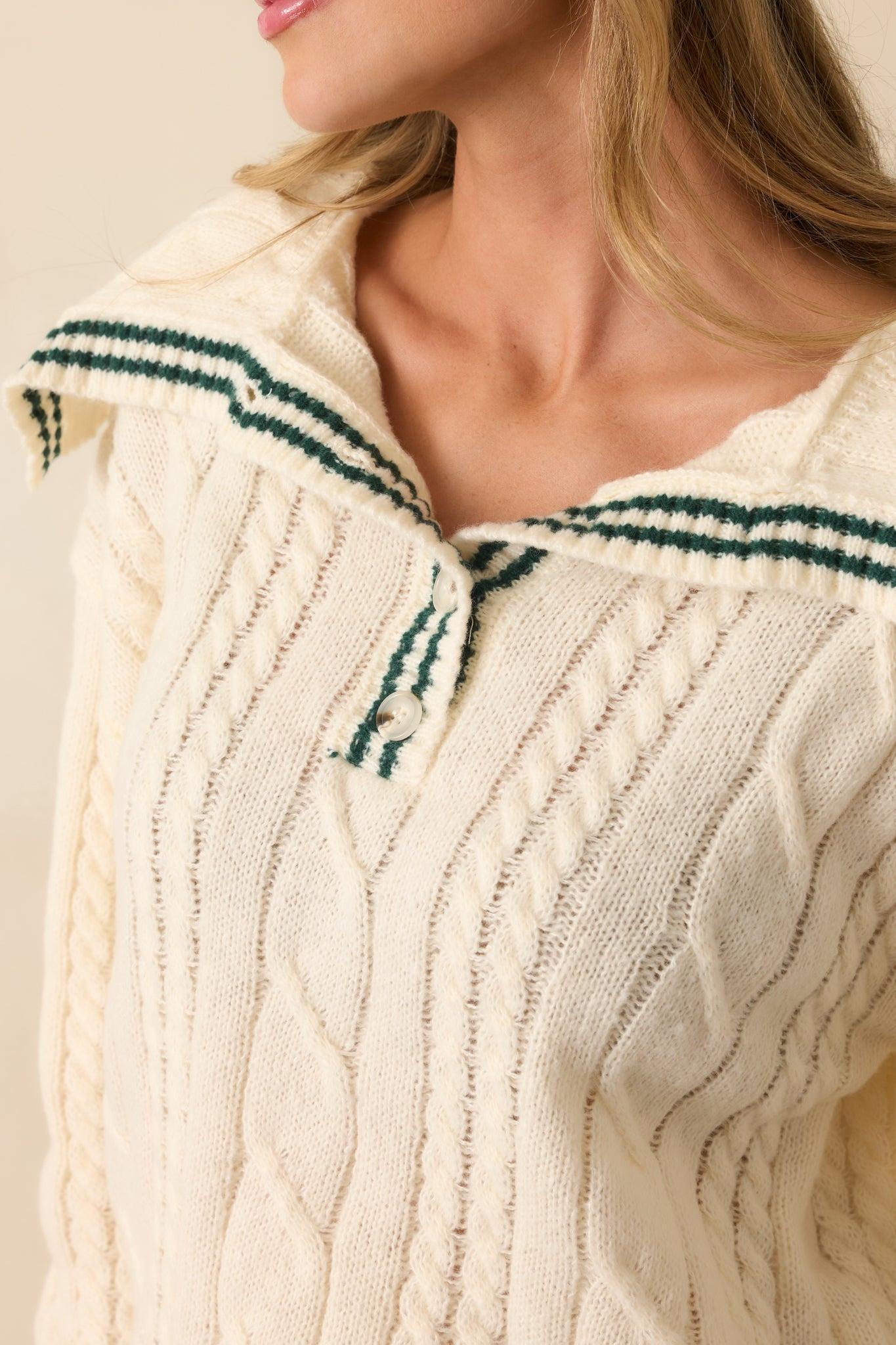 Just Going With It Ivory Cable Knit Contrast Trim Collared Sweater L / Ivory Product Image