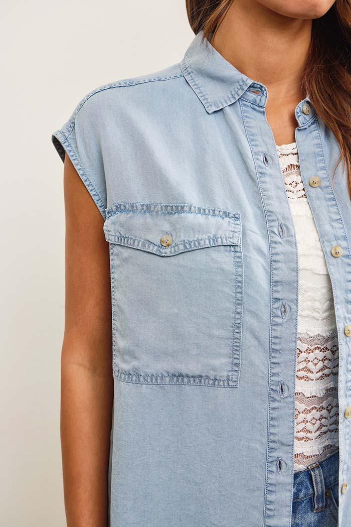 Cap Sleeve Button Up Denim Shirt Top Product Image