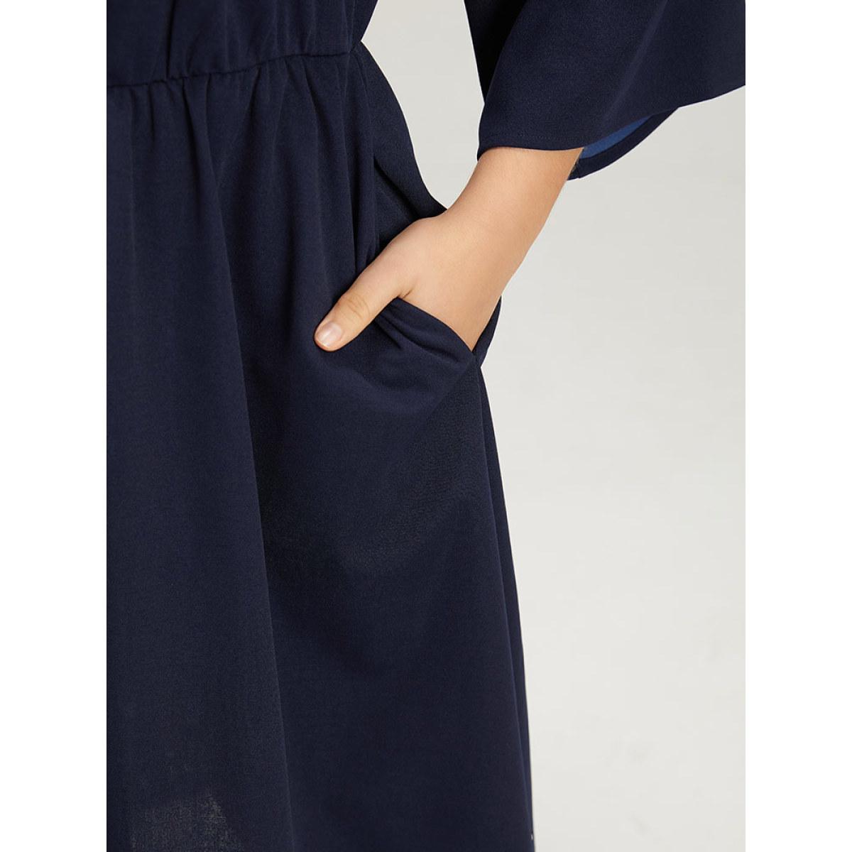 Plus Size Plain Keyhole Pocket Laser Cut Dress Navy Women Office Plain Notched collar Elbow-length sleeve Curvy Midi Dress BloomChic 28/5X Product Image