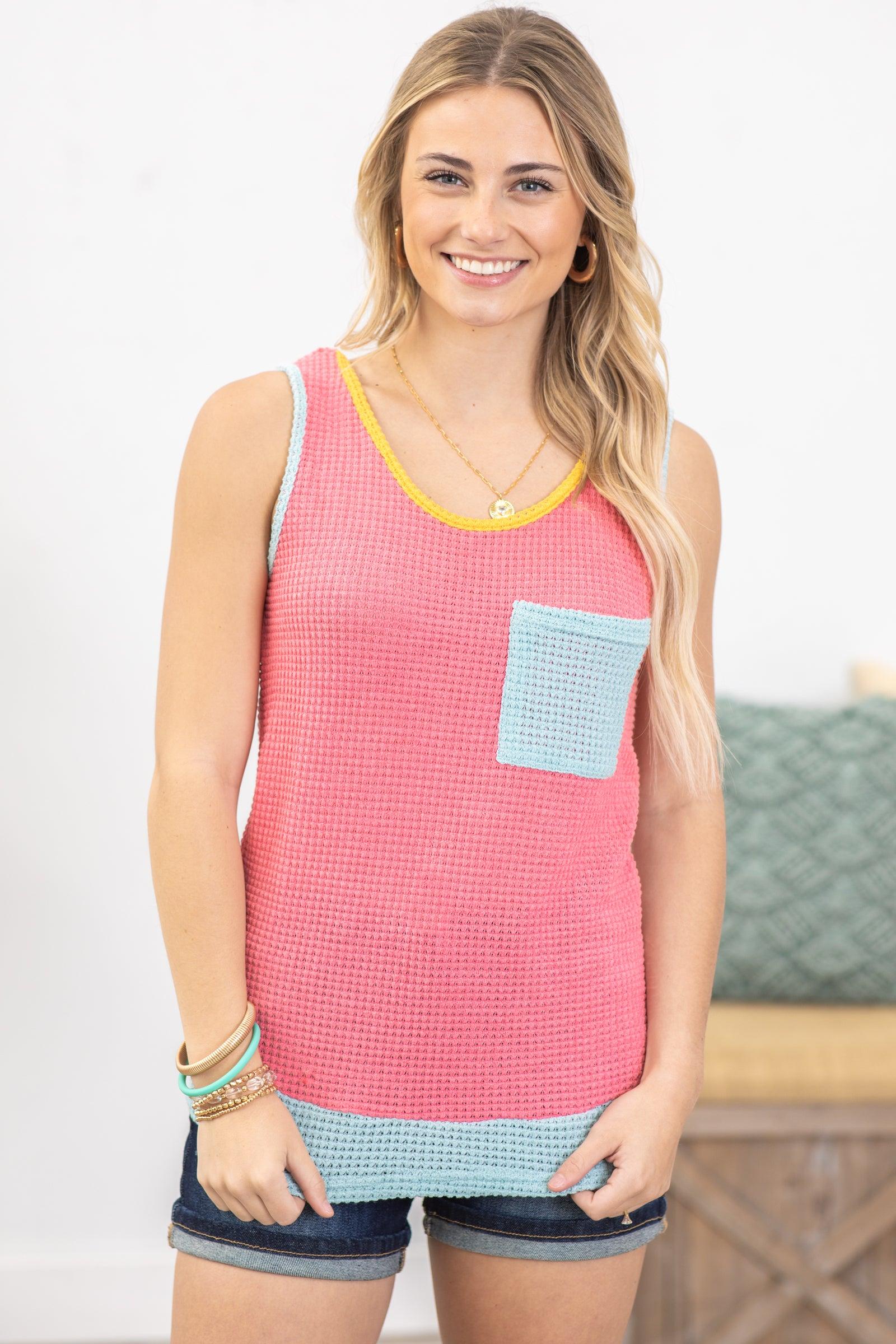 Pink Colorblock Waffle Knit Top Product Image