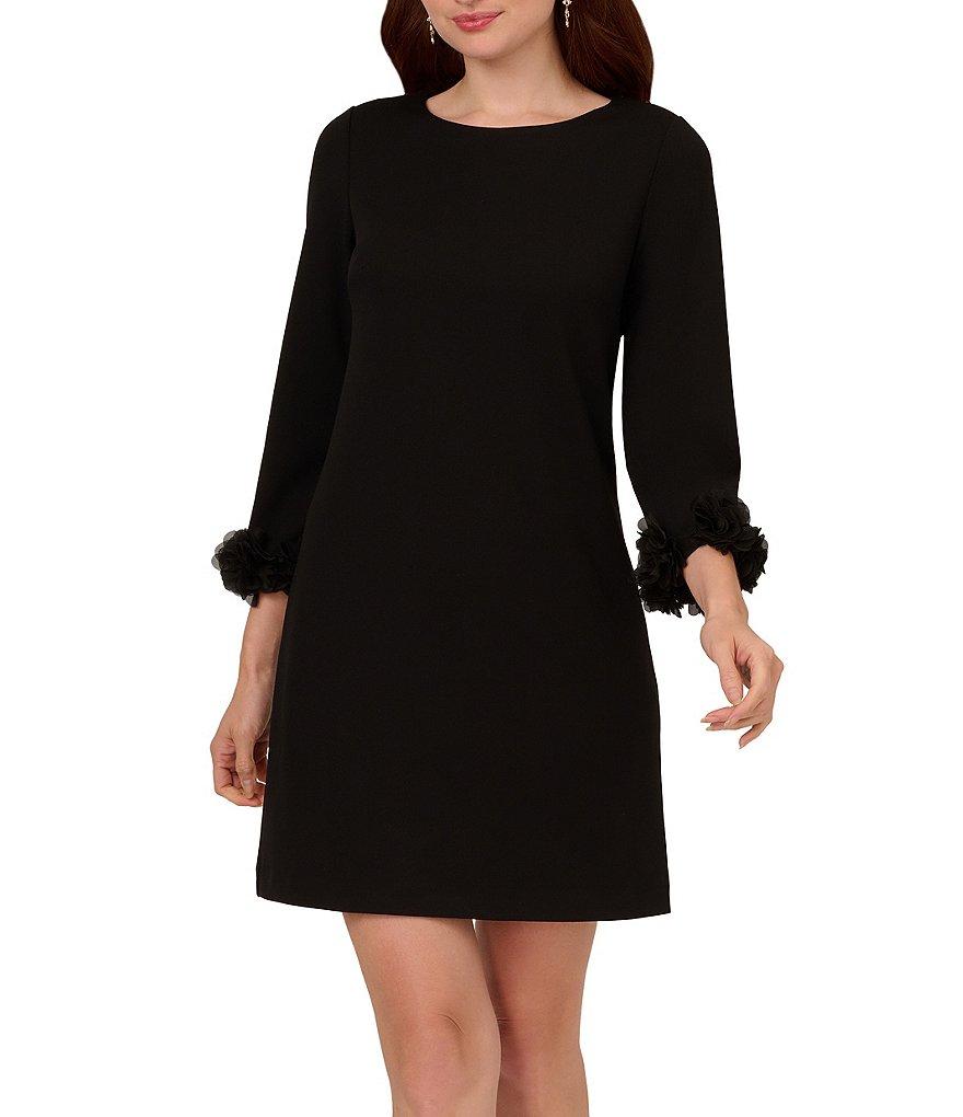 Adrianna Papell Crepe Shift Boat Neck 3/4 Sleeve 3-D Flower Cuff Mini Dress Product Image