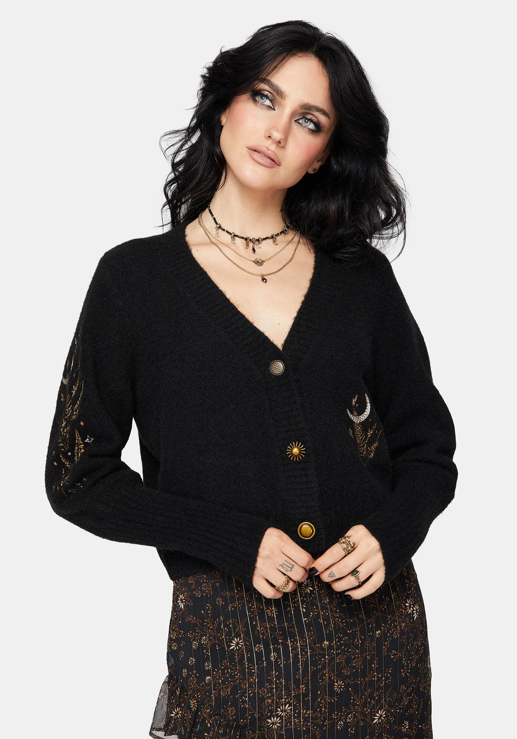 Abellona Floral Moon Embroidered Balloon Sleeve Knit Cardigan Product Image