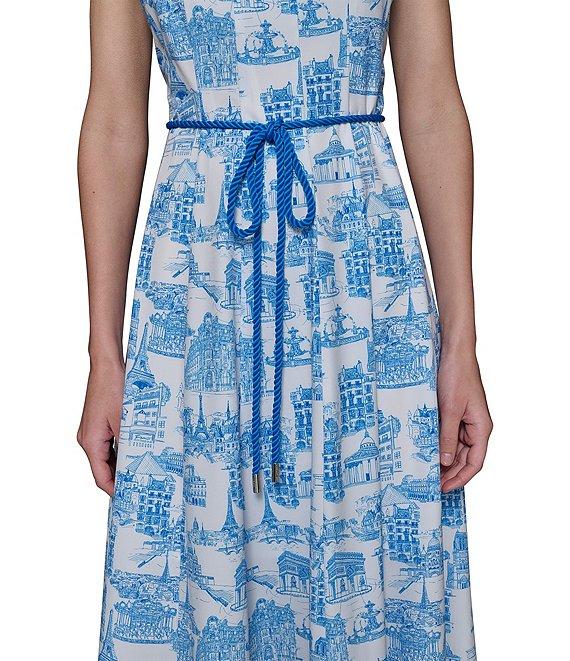 KARL LAGERFELD PARIS Toile Print Square Neck Sleeveless Waist Tie Belt A-Line Midi Dress Product Image