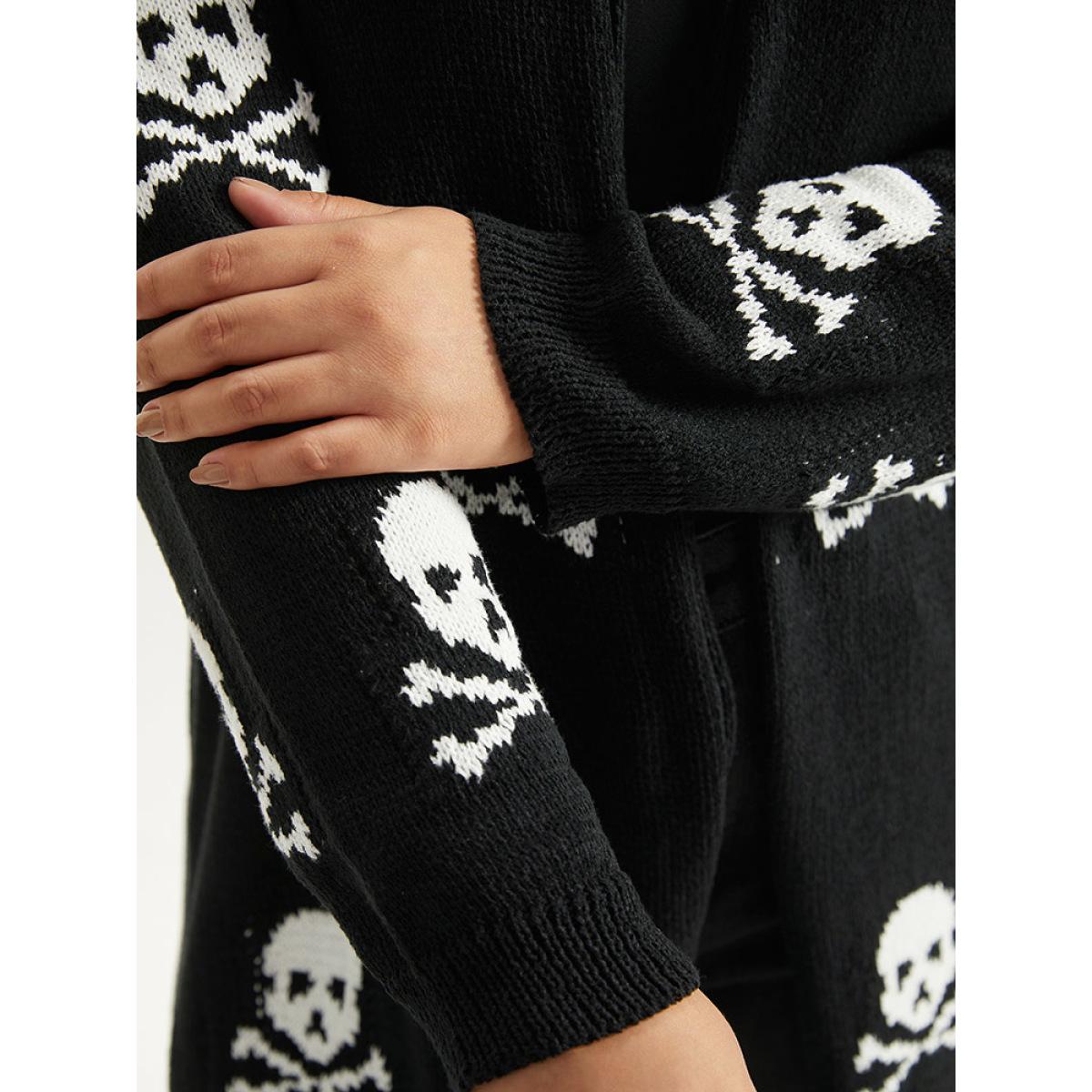 Plus Size Halloween Skull Print Split Side Drop Shoulder Maxi Cardigan Black Women Casual Loose Long Sleeve Festival-Halloween Cardigans BloomChic 26/4X Product Image