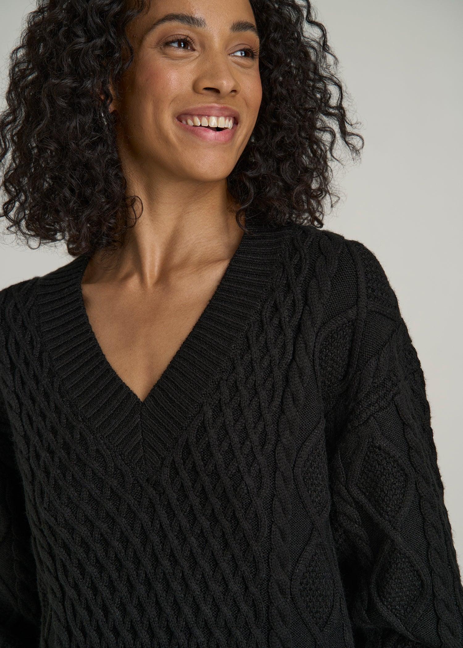 V-Neck Cashmere Blend Cable Knit Sweater for Tall Women in Black Female Product Image