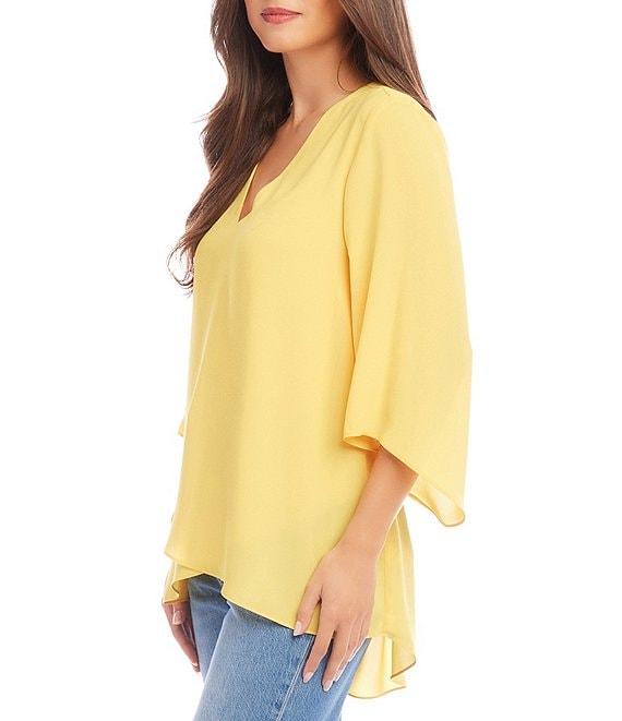 Karen Kane Silky Crepe V-Neck 3/4 Flutter Sleeve Asymmetric Crossover Hem Top Product Image