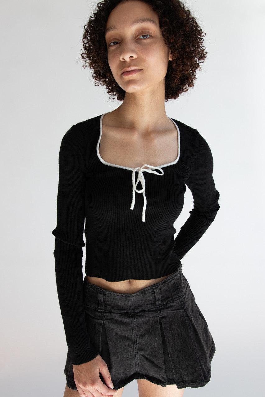 Tie Neck Ribbed Sweater Product Image