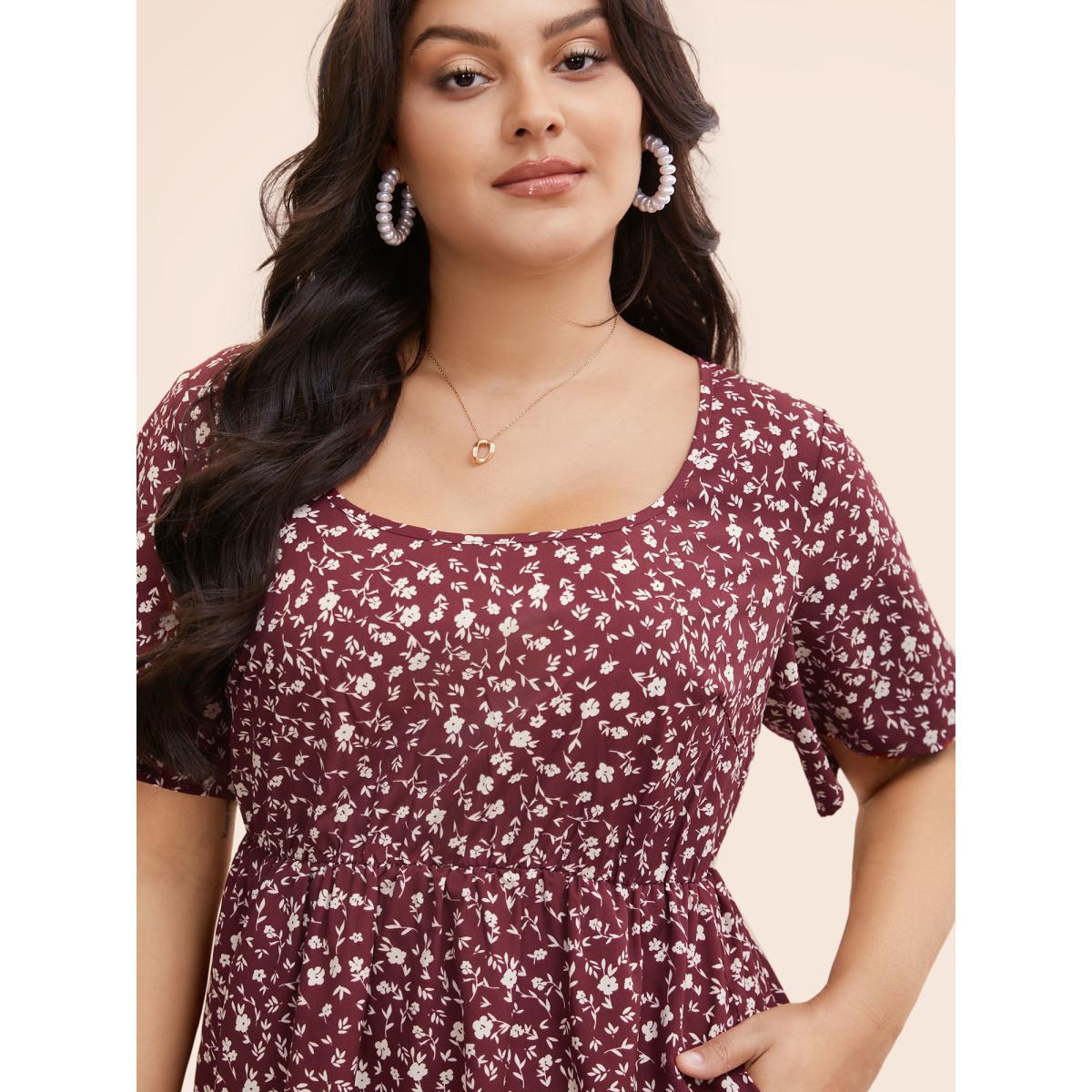 Plus Size Ditsy Floral U Neck Ruffle Sleeve Dress Burgundy Women Elegant Non U-neck Short sleeve Curvy BloomChic 10/M Product Image