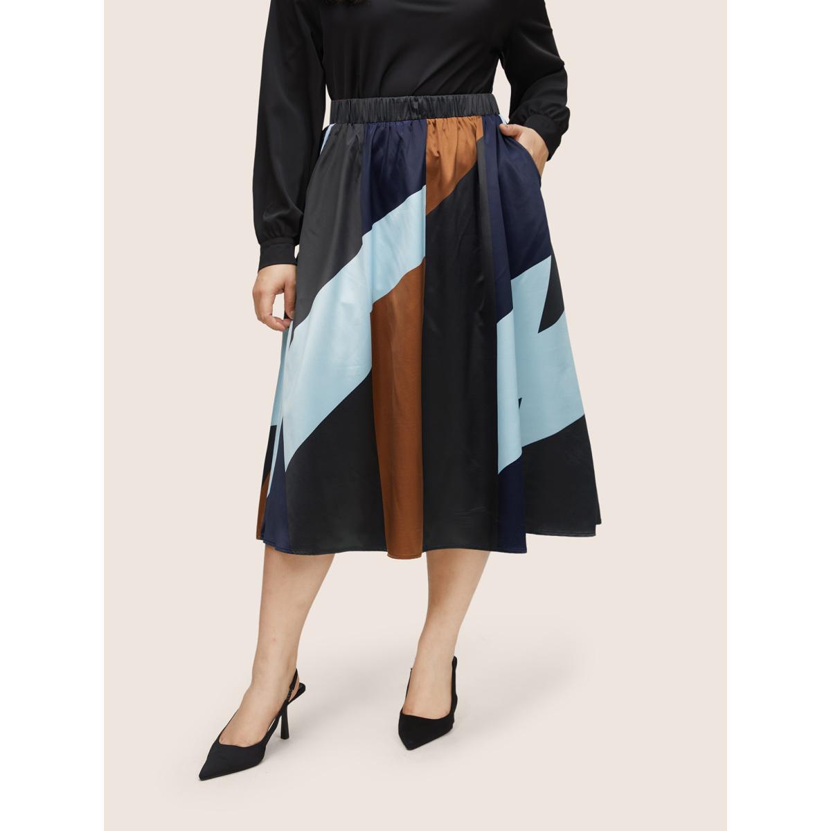 Plus Size Colorblock Contrast Pocket Cropped Skirt Women Multicolor At the Office Non No stretch Slanted pocket Work Skirts BloomChic 18-20/2X Product Image