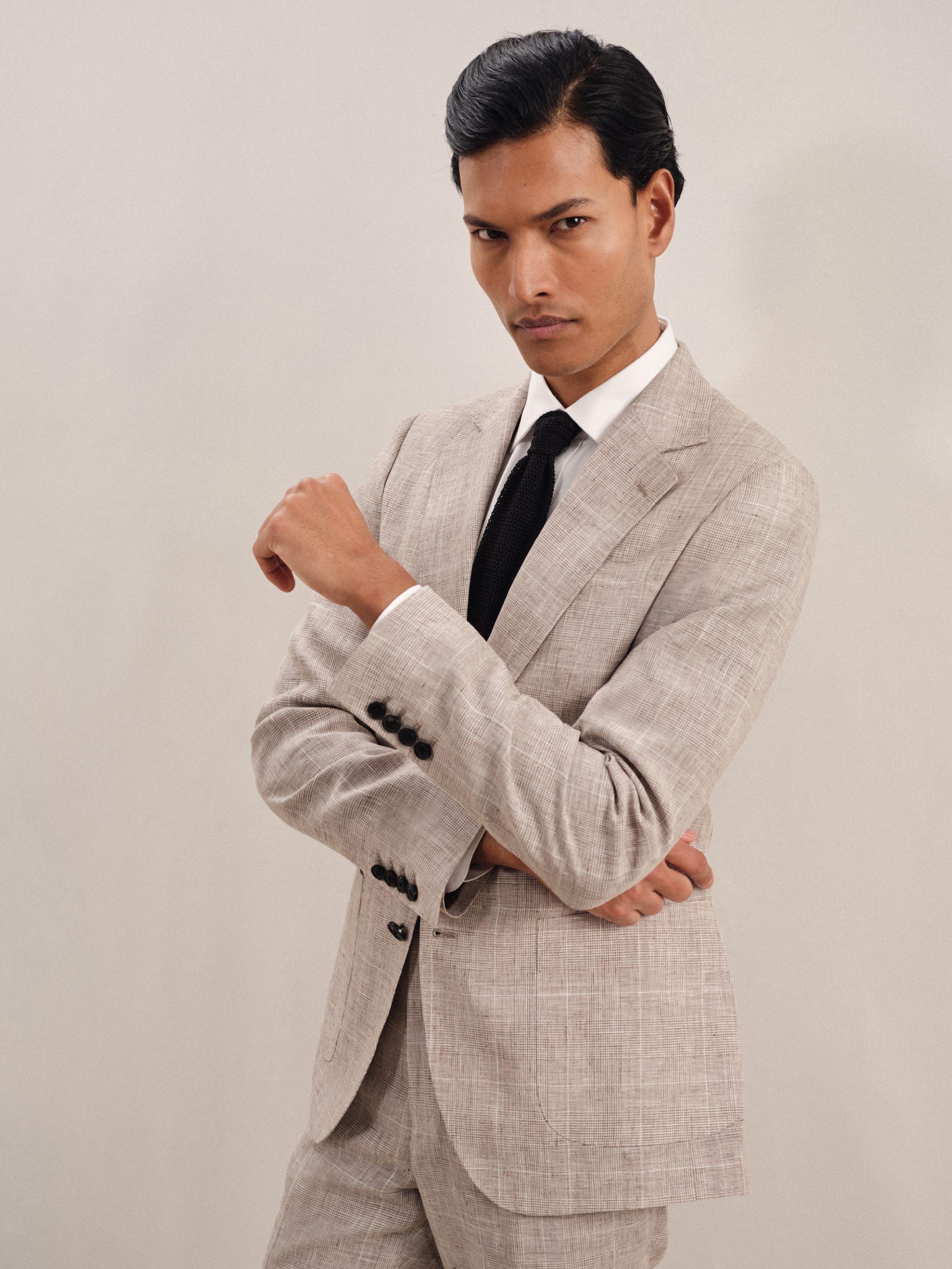 Slim Fit Linen Single Breasted Check Suit Blazer in Oatmeal Product Image