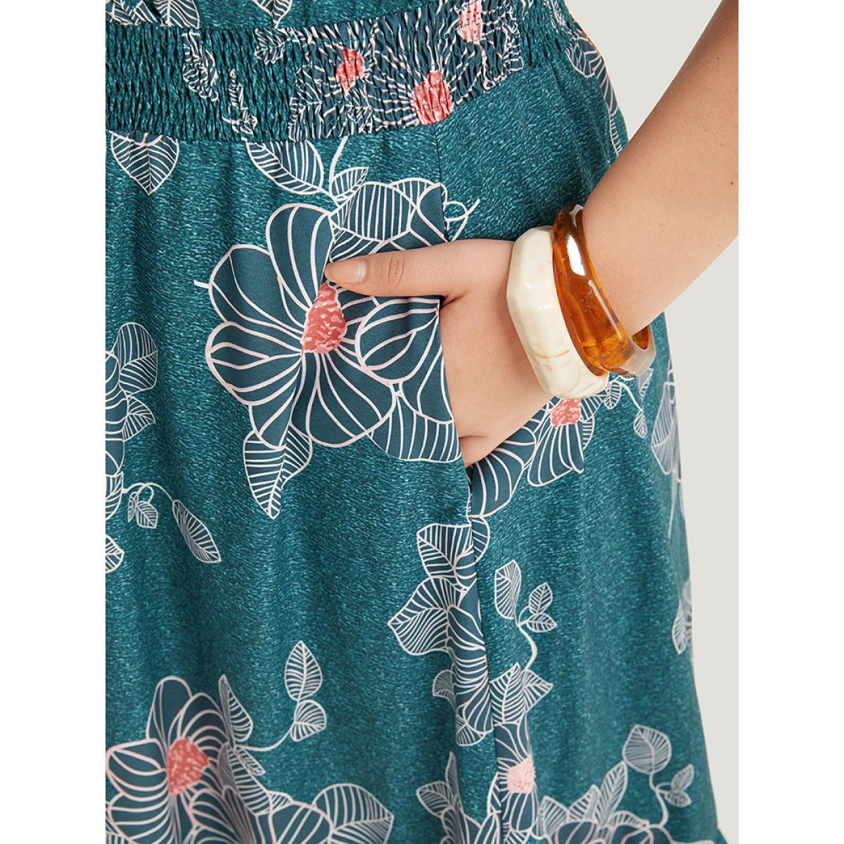 Plus Size Floral Print Shirred Overlap Collar Drawstring Dress Teal Women Vacation Printed V-neck Short sleeve Curvy Midi Dress BloomChic 28/5X Product Image